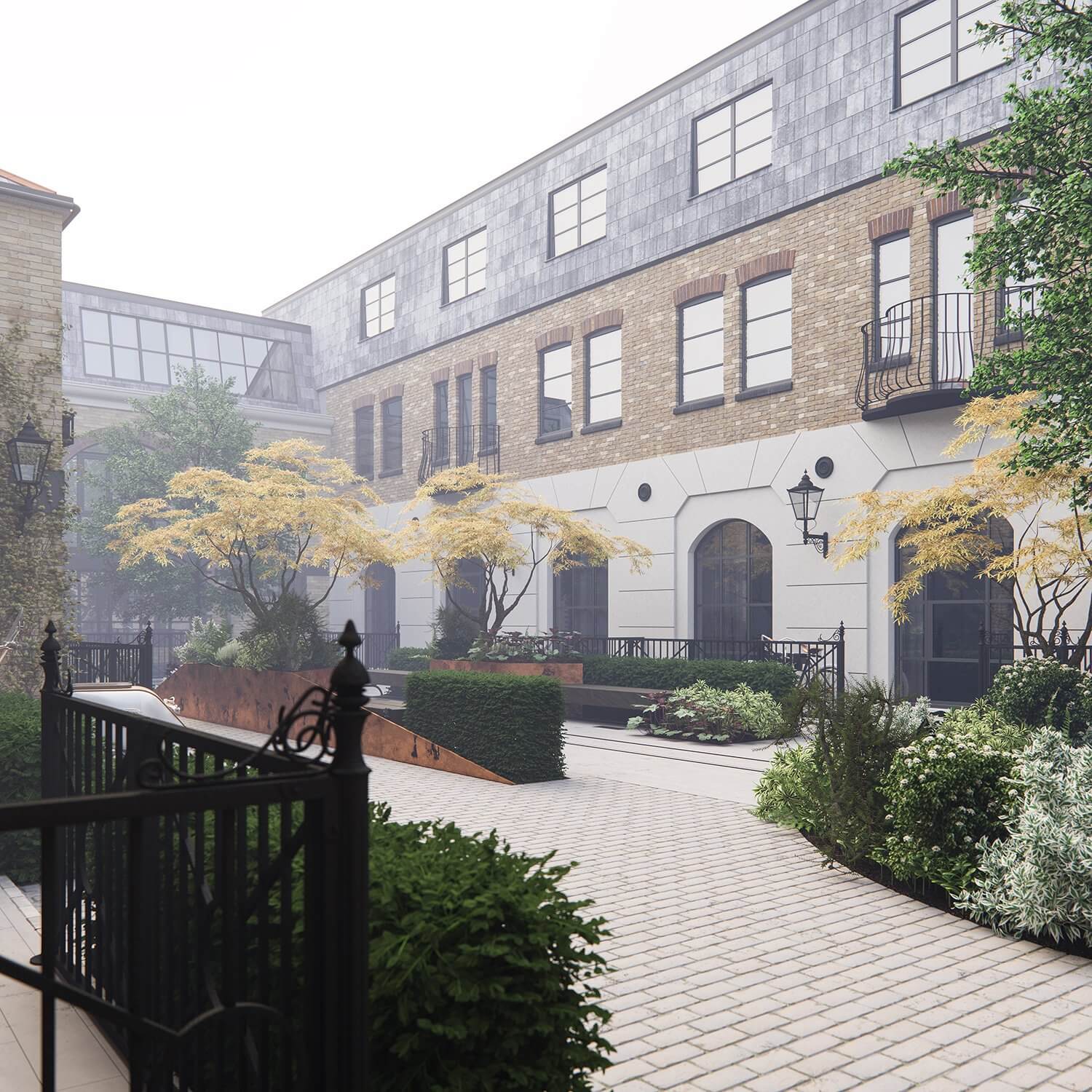 7 Old Town Clapham Apartment courtyard trees - cgi visualization