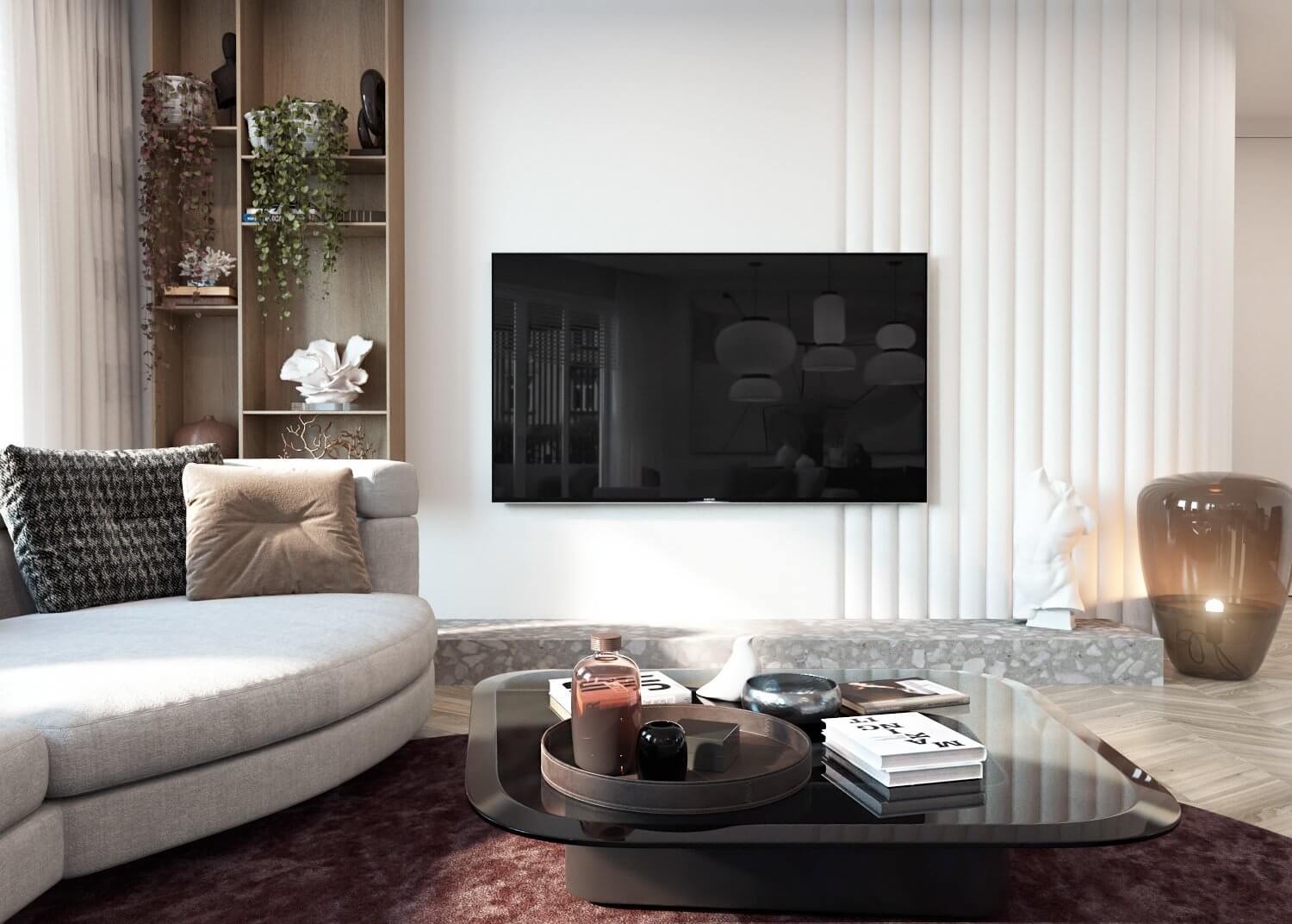 Apartment for a young family living room tv wall - cgi visualization