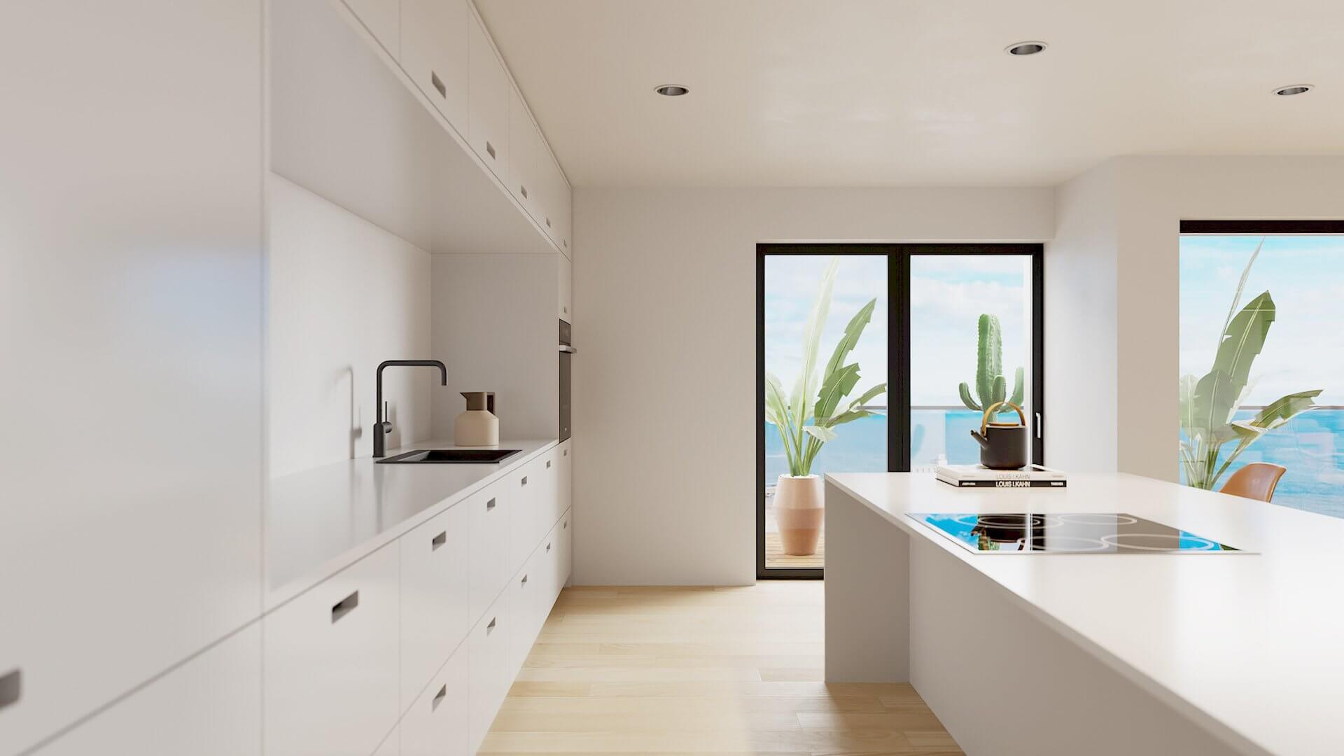 Apartment kitchen white ocean view - cgi visualization