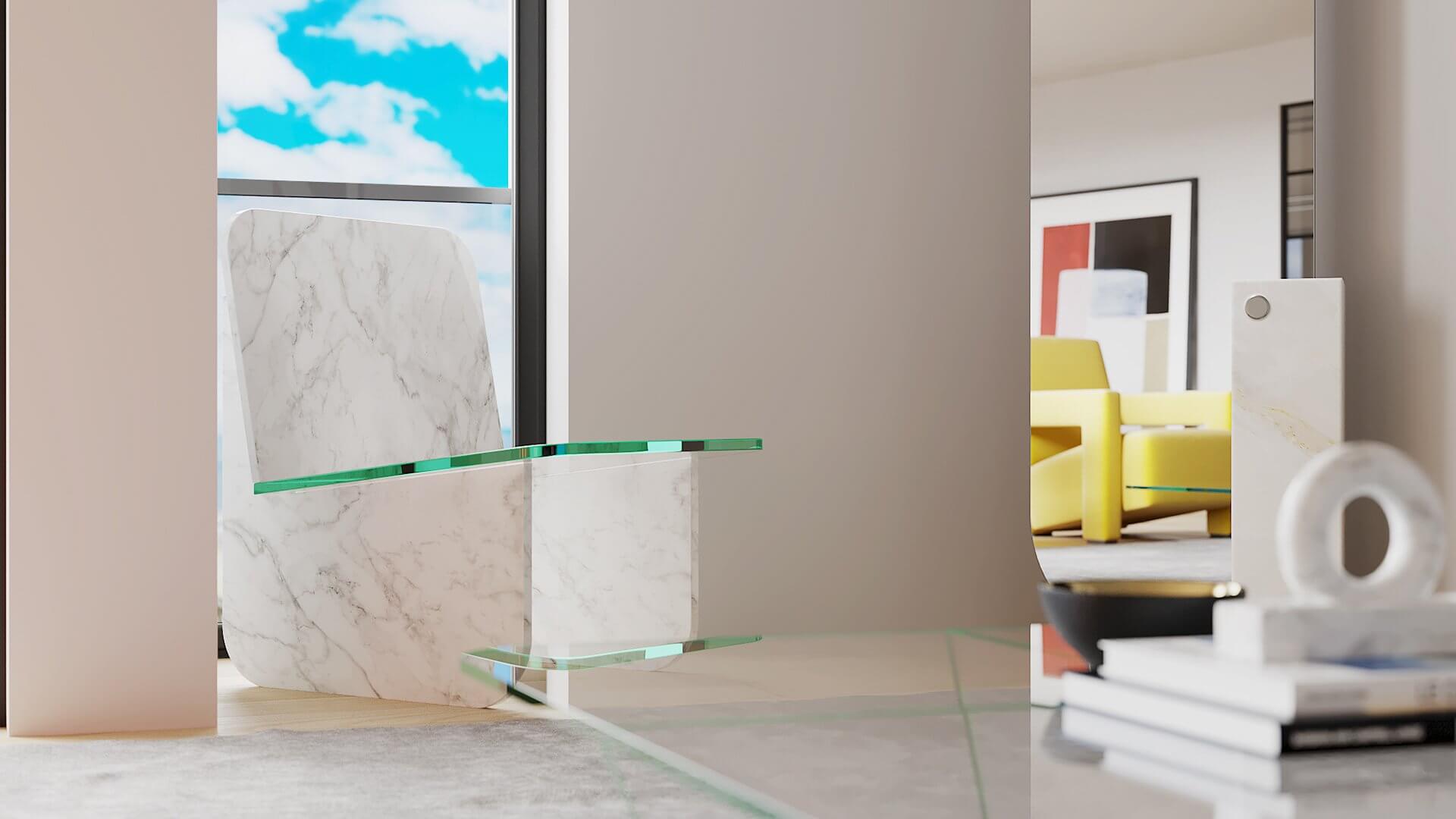 Apartment living room chair glass marble - cgi visualization