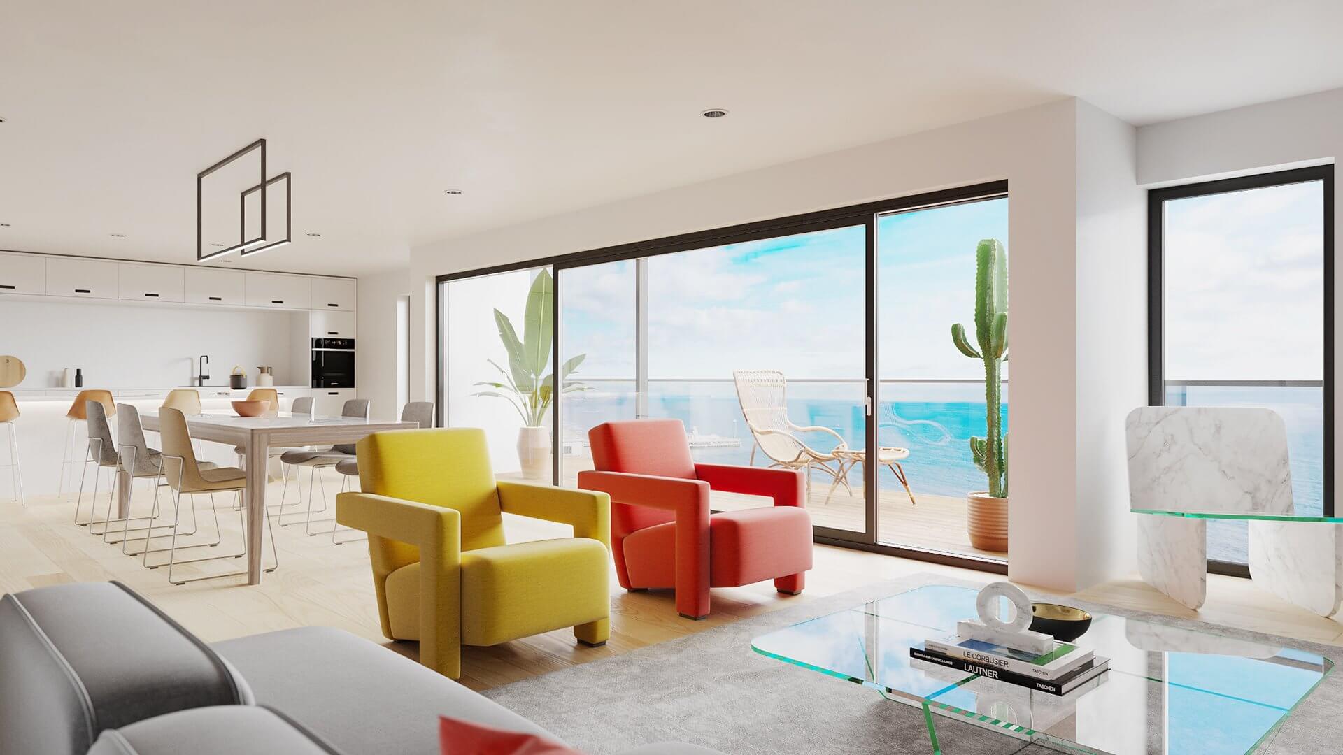 Apartment living room coloured kitchen - cgi visualization