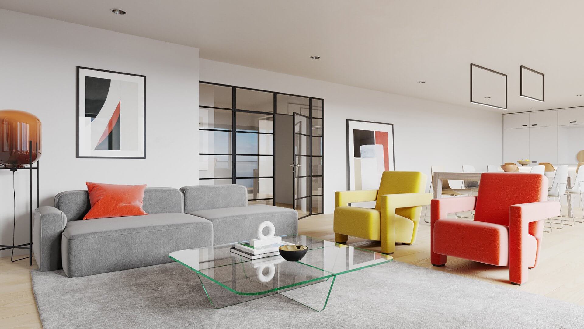 Apartment living room couch coloured kitchen - cgi visualization