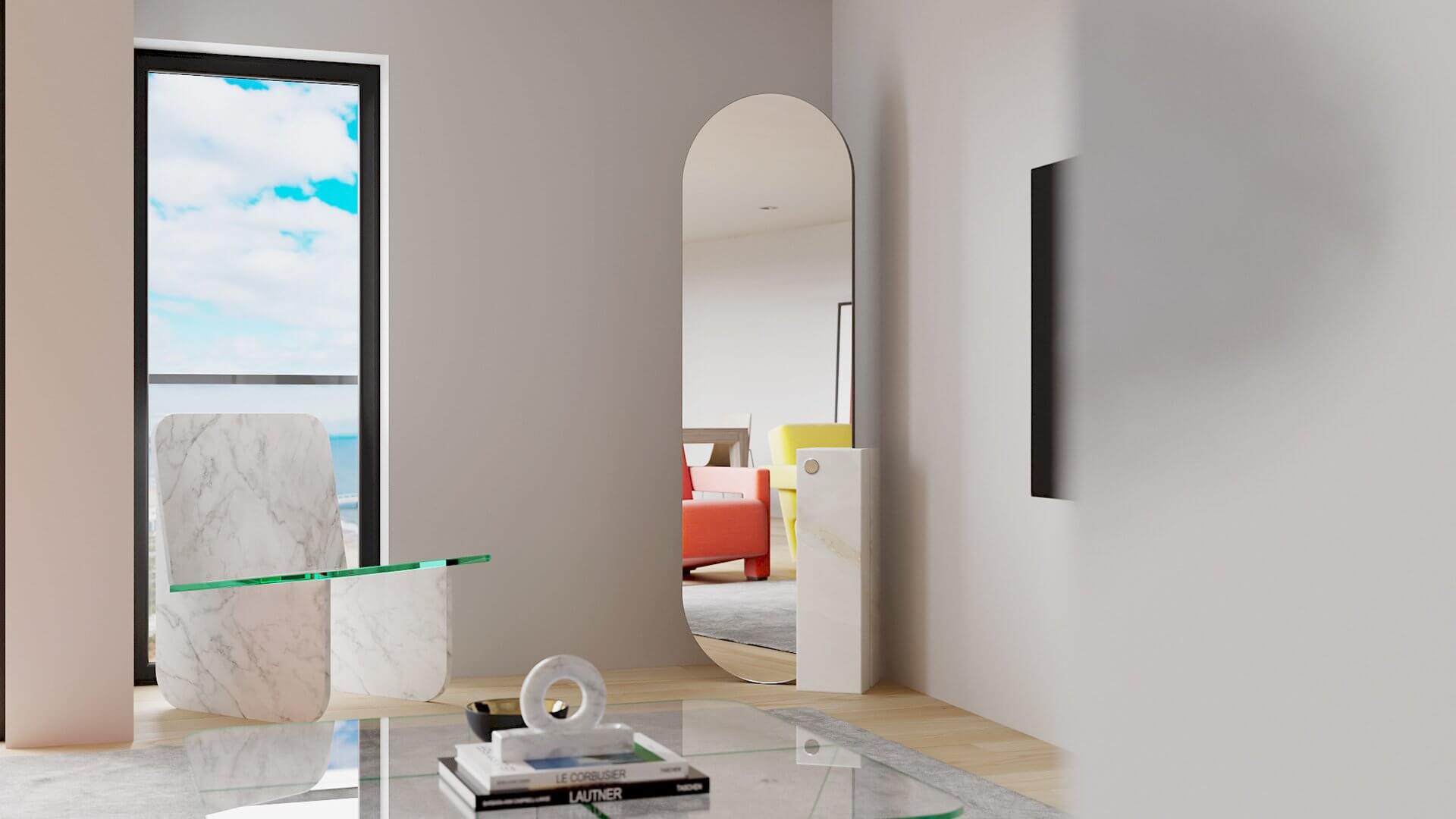Apartment living room mirror marble - cgi visualization