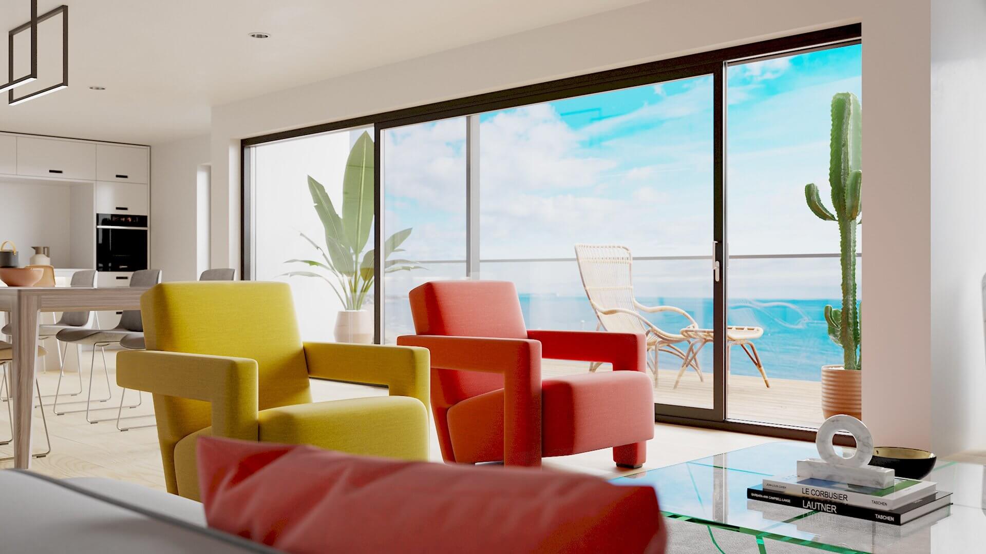 Apartment living room ocean view - cgi visualization