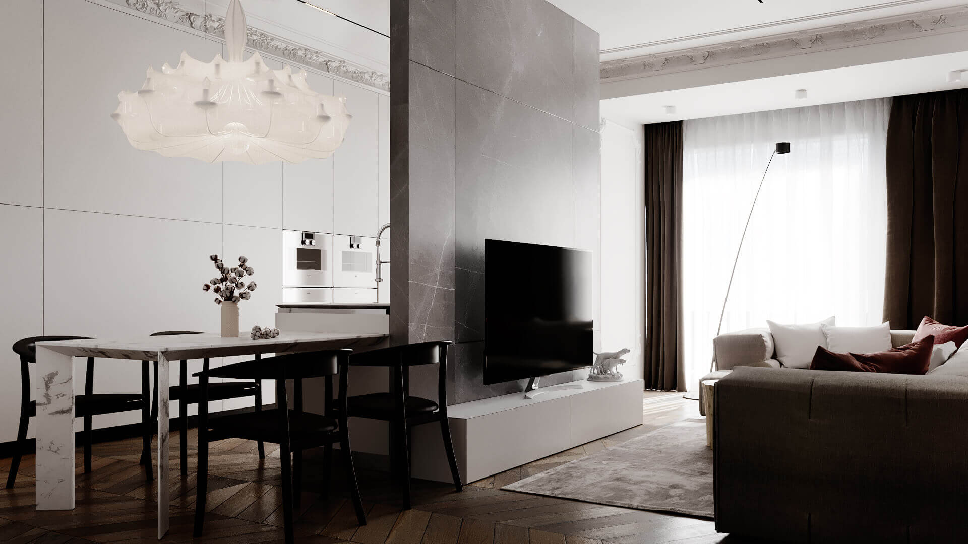 Bernardazzi Apartment living room dining room tv wall - cgi visualization