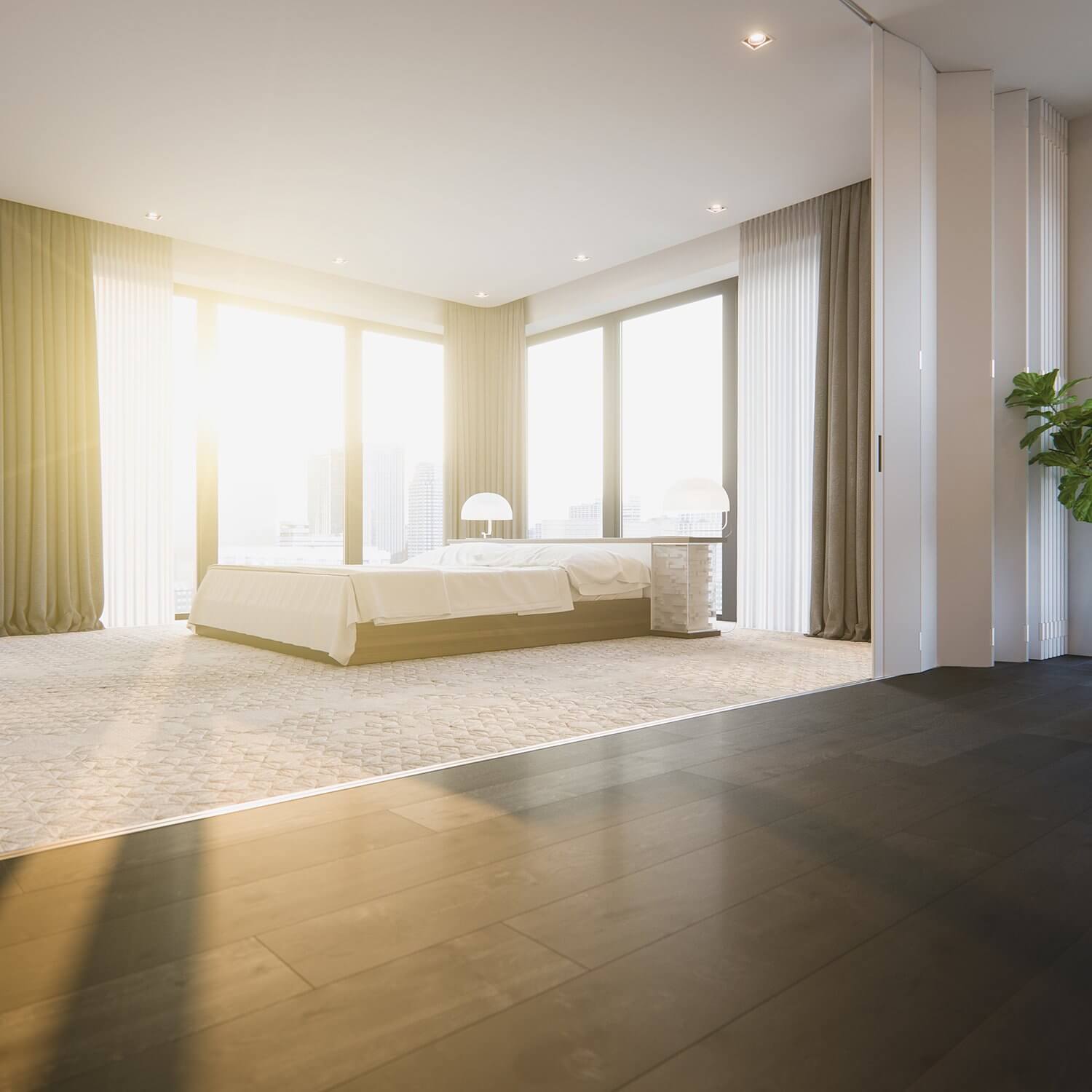 Black house penthouse bedroom sunlight - cgi visualization