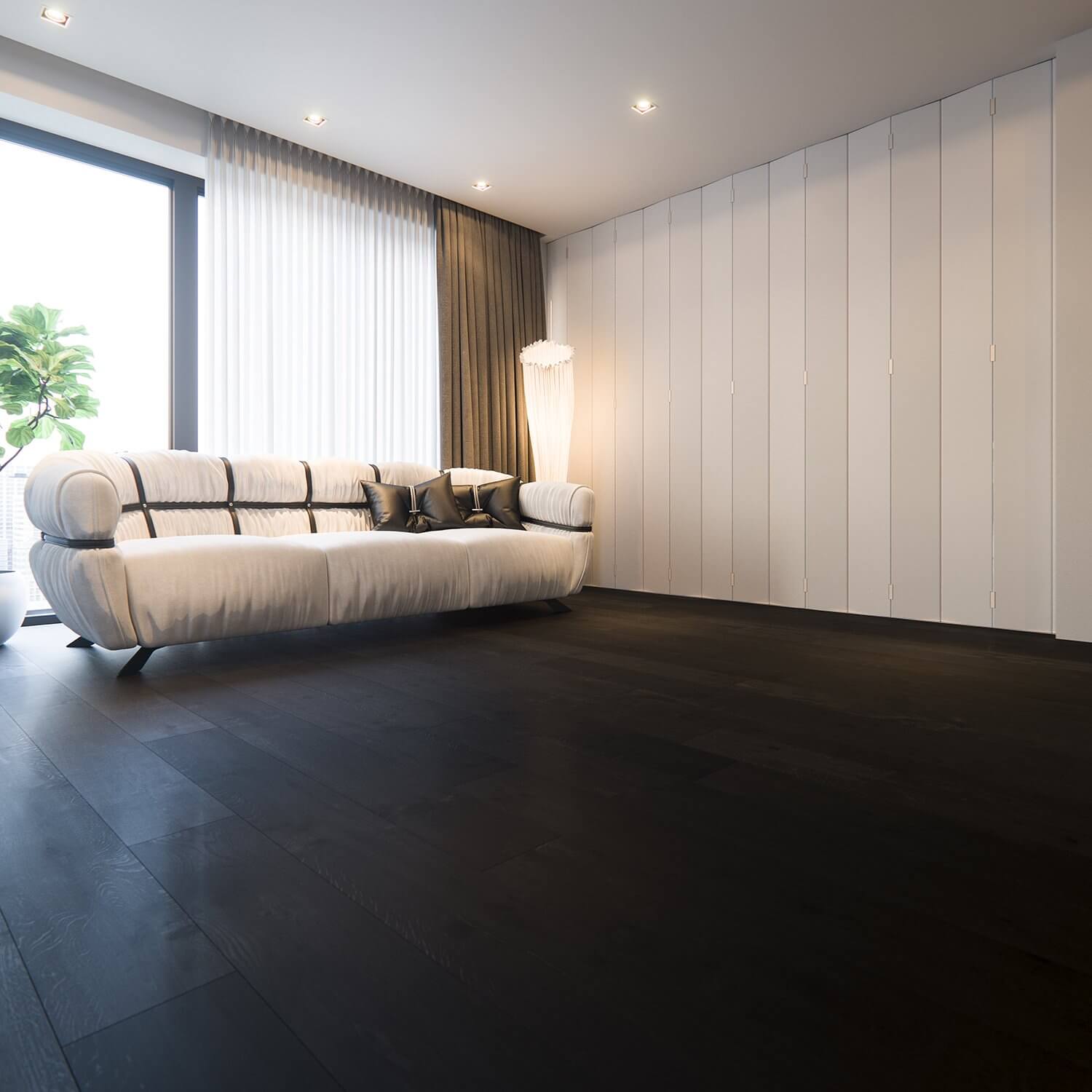 Black house penthouse white fabric sofa - cgi visualization