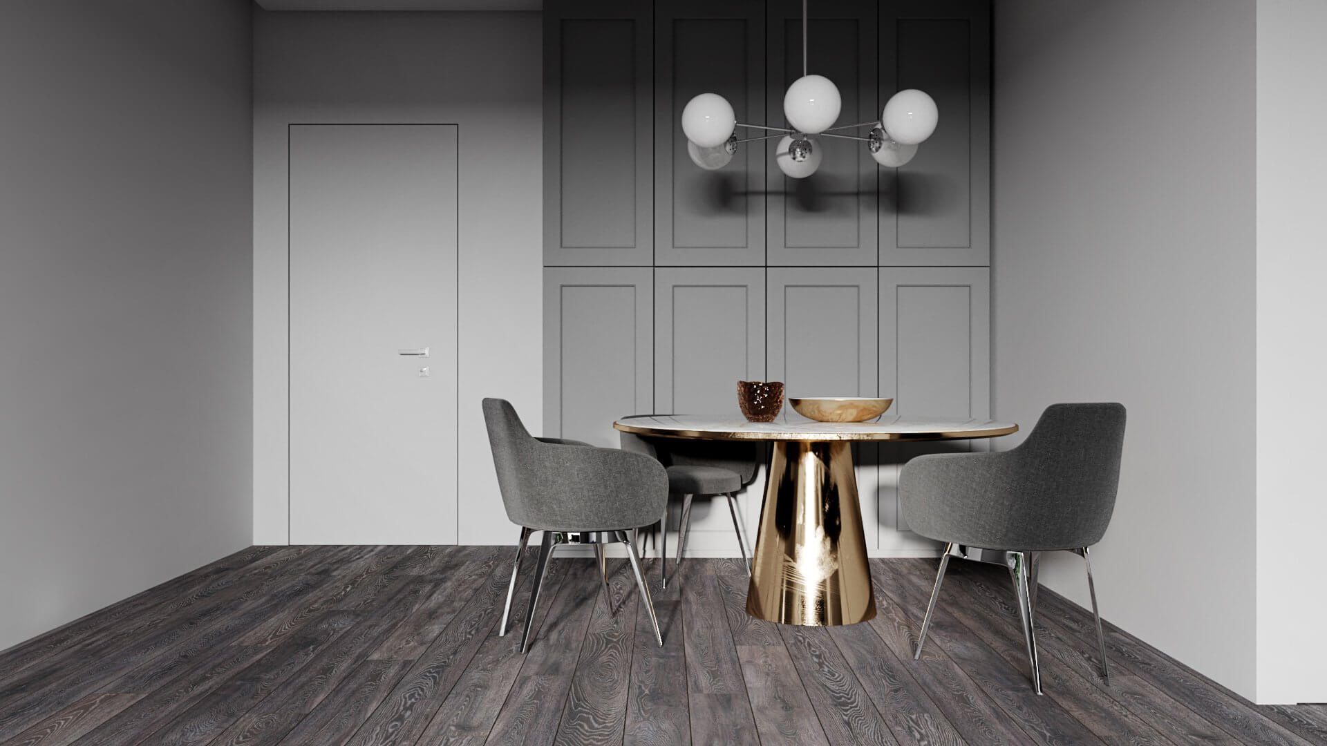 Classic and clean apartment dining room table gold - cgi visualization