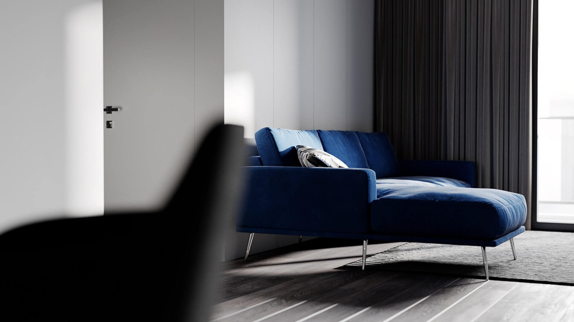 Classic and clean apartment living room couch blue velvet 2 - cgi visualization