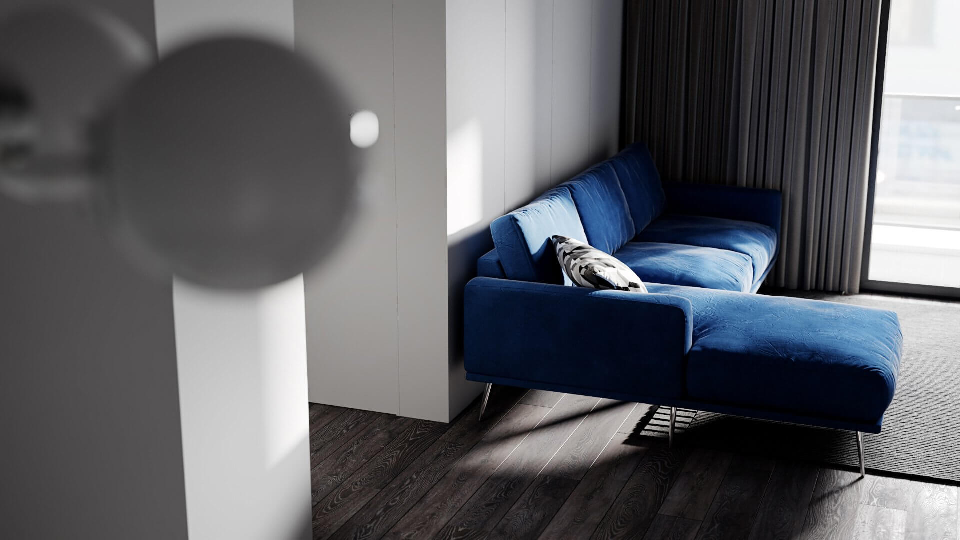 Classic and clean apartment living room couch blue velvet - cgi visualization