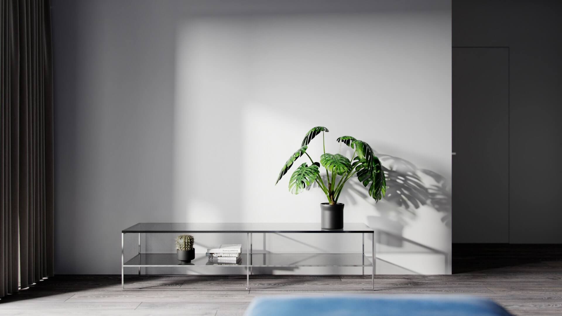 Classic and clean apartment living room sideboard glass plant - cgi visualization