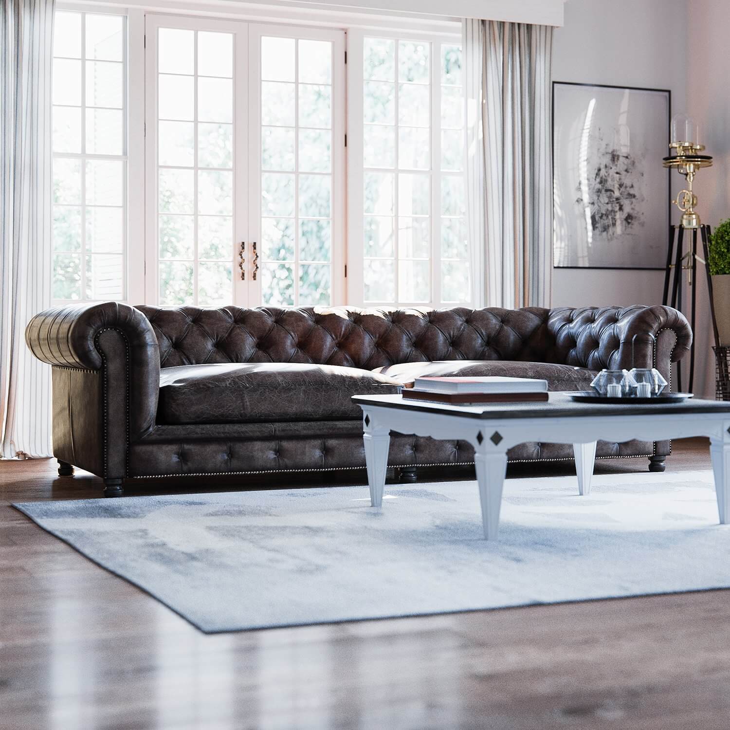 Classic flat living room leather couch - cgi visualization