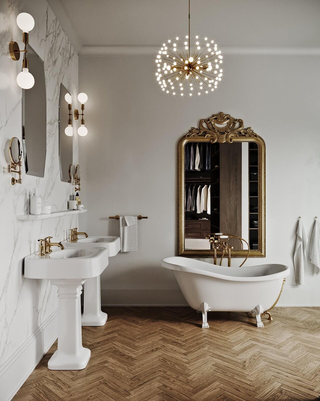Classic master bathroom bathtub mirror wash basin - cgi visualization