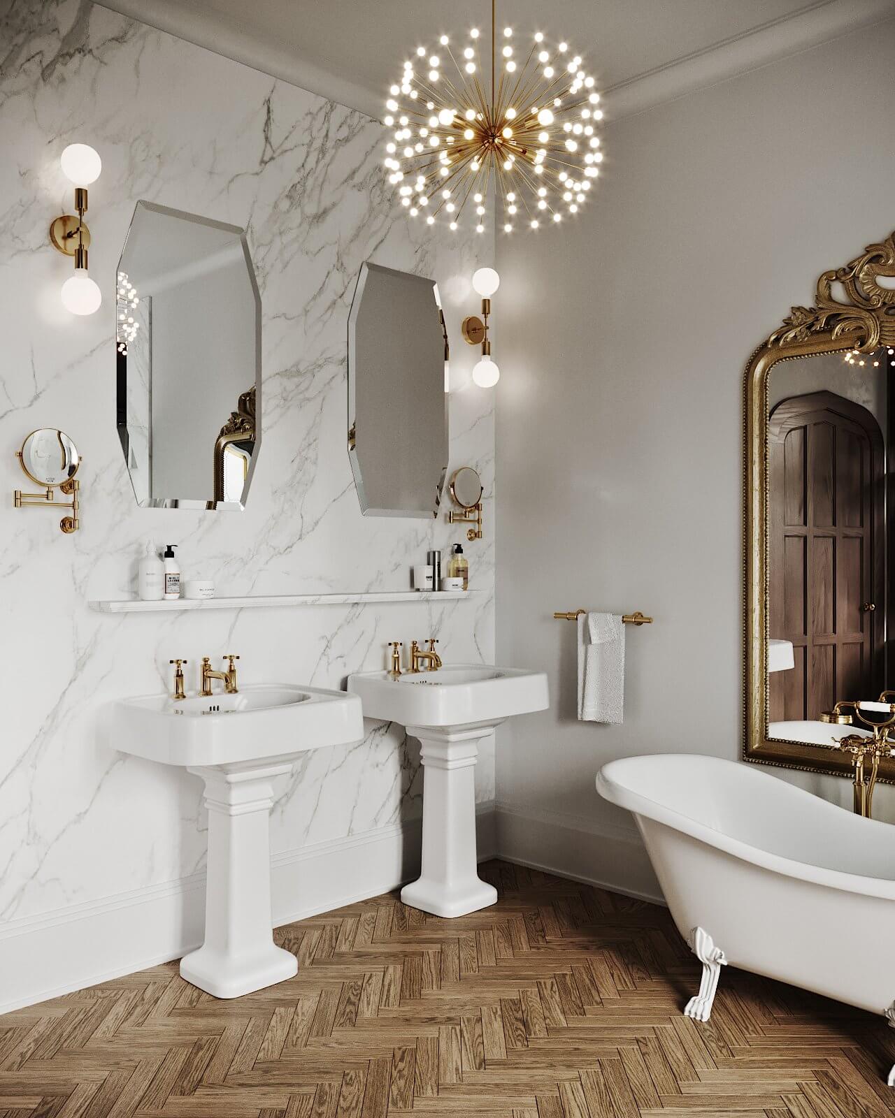 Classic master bathroom bathtub mirror wash basin white - cgi visualization