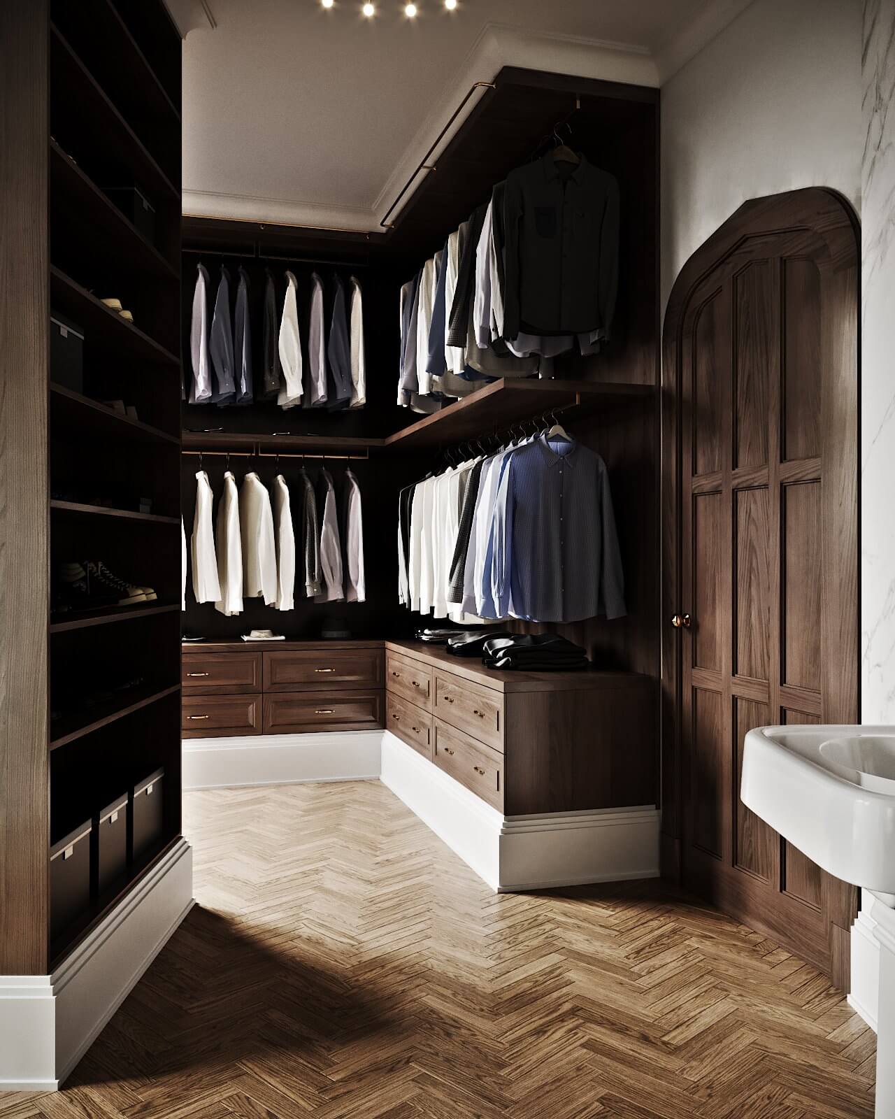 Classic master bathroom wardrobe wood dark - cgi visualization