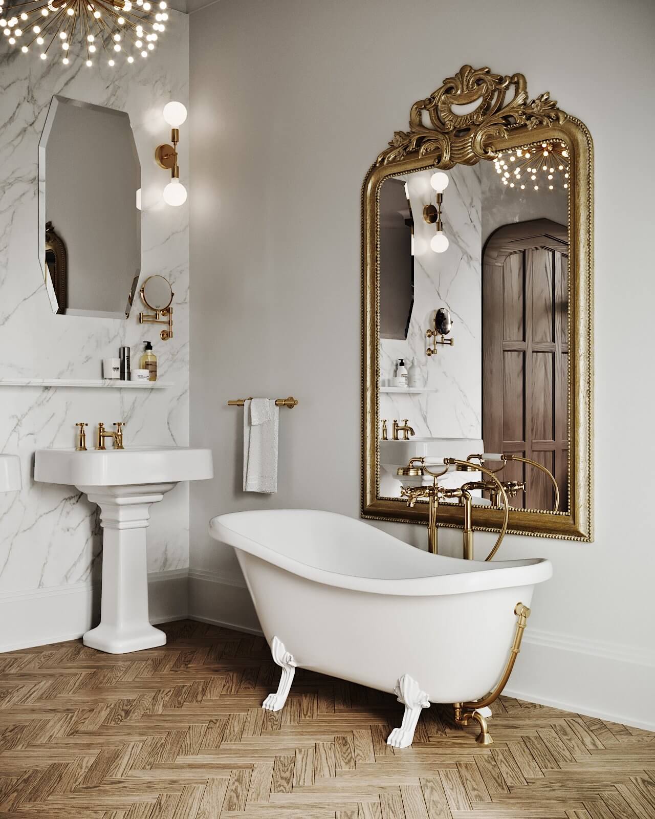 Classic master bathroom white bathtub mirror wash basin - cgi visualization