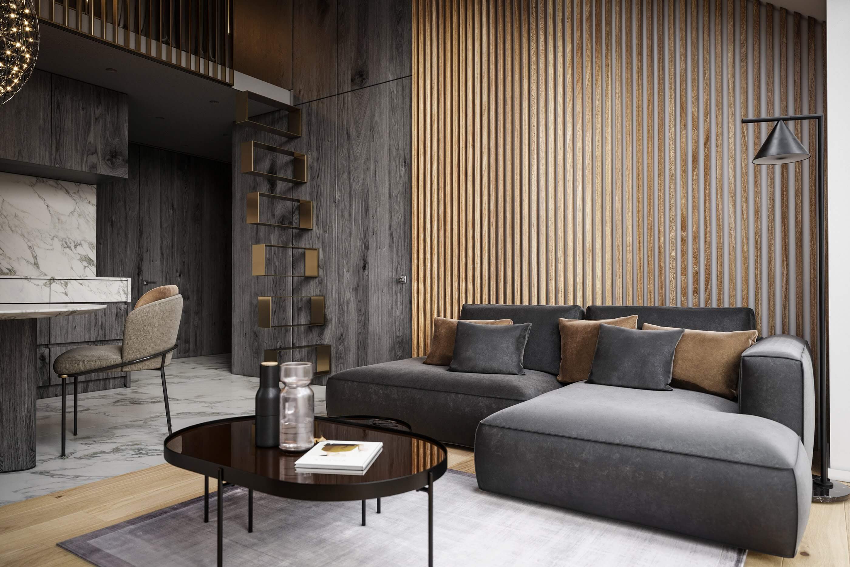 Cozy & modern apartment in the forest living room couch and side table - cgi visualization
