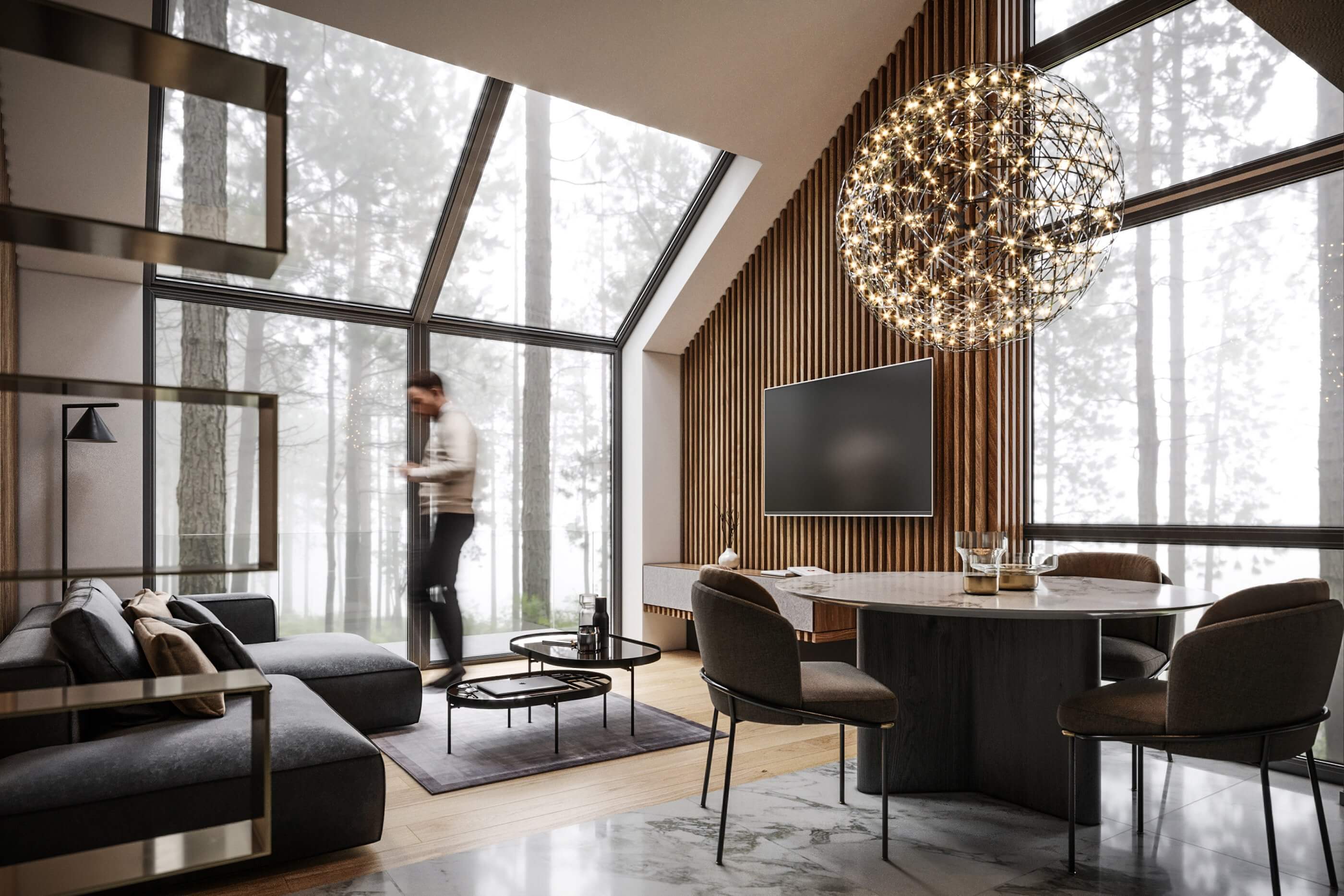 Cozy & modern apartment in the forest living room dining area - cgi visualization