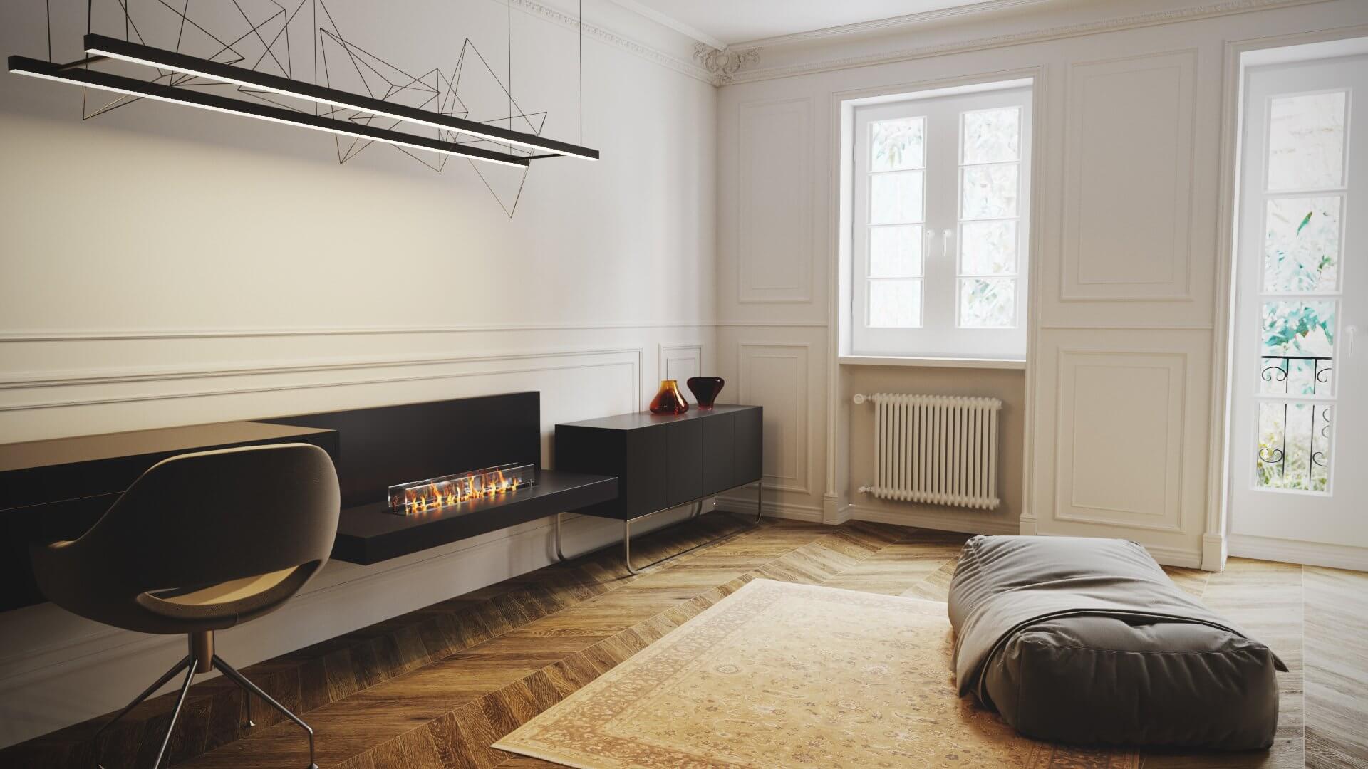 Cozy scandinavian Apartment living room fire place - cgi visualization