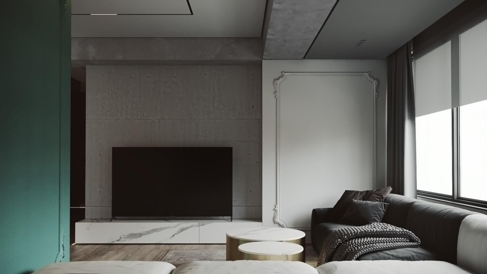 Eighty Four Apartment living room tv wall concrete - cgi visualization