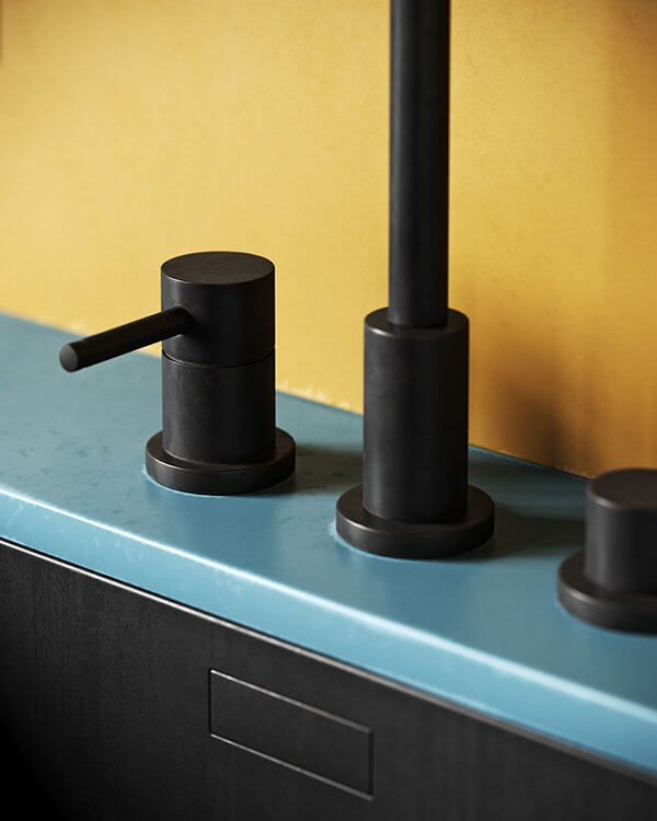 Extraordinary colourful apartment kitchen design dark faucet taps - cgi visualization