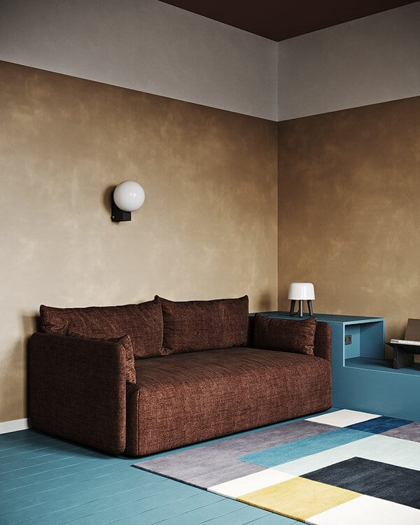 Extraordinary colourful apartment living room brown fabric couch - cgi visualization