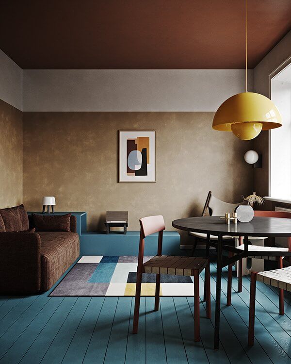 Extraordinary colourful apartment living room dining room design - cgi visualization