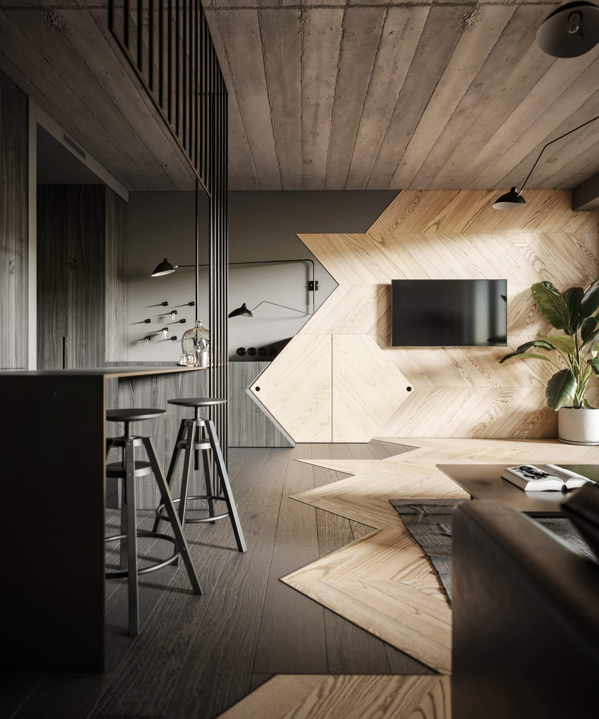 Haus 38 loft interior visualization kitchen dining area and living room - cgi visualization