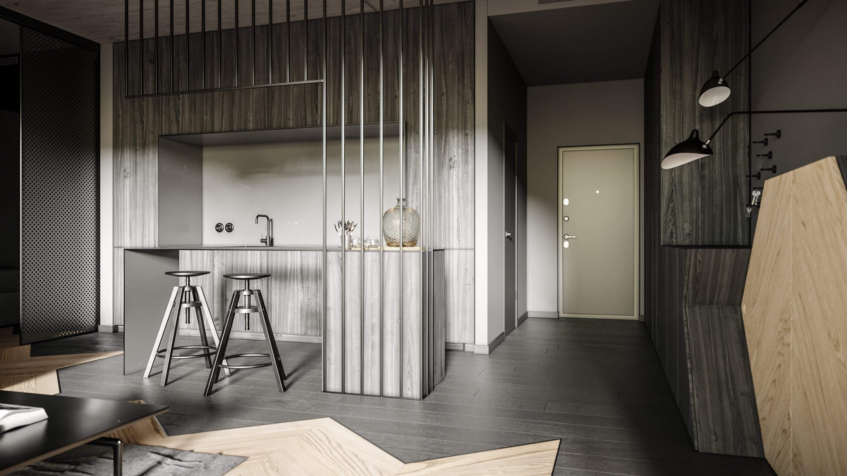 Haus 38 loft interior visualization kitchen entrance corridor - cgi visualization