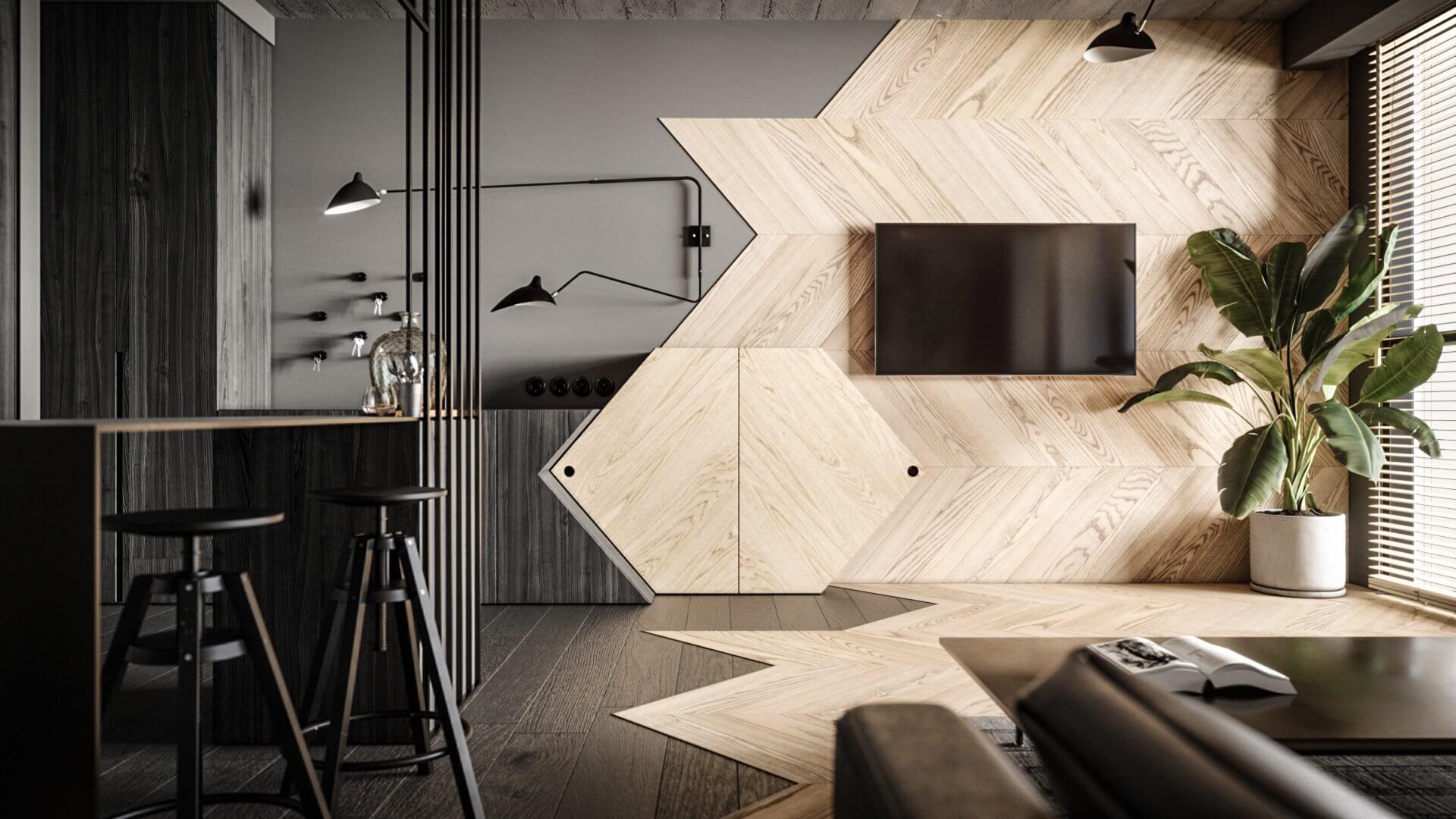 Haus 38 loft interior visualization living room tv wall - cgi visualization