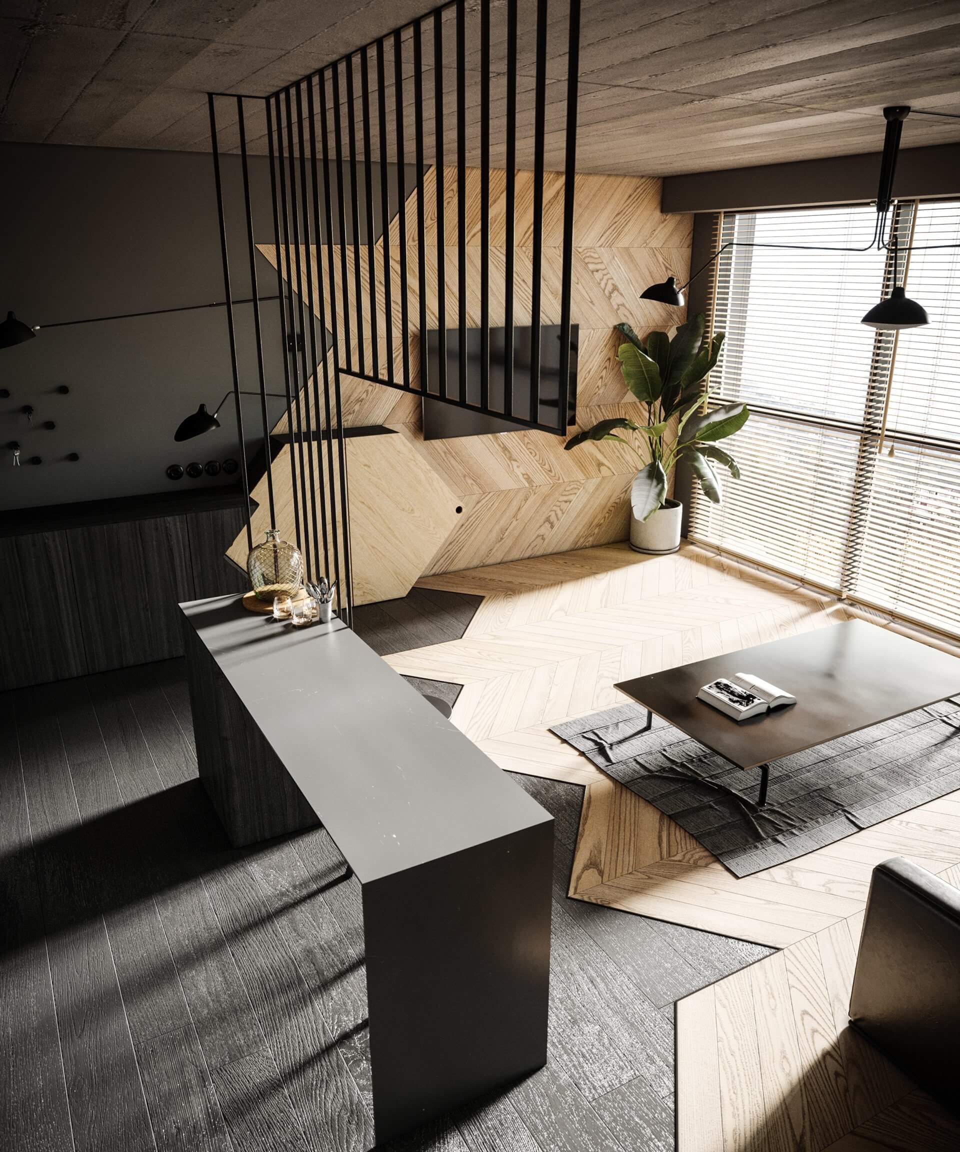 Haus 38 loft interior visualization pattern wood wall and floor - cgi visualization