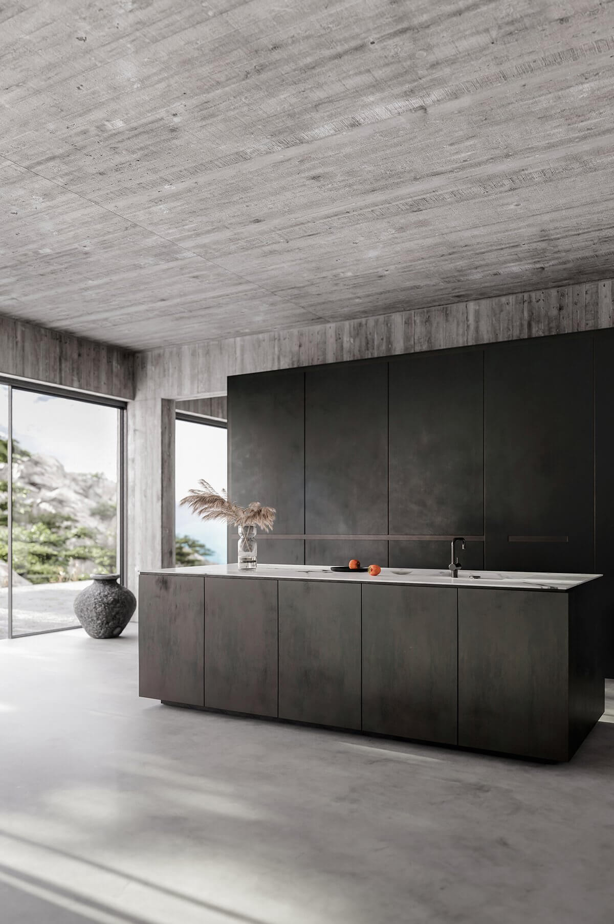 In praise of shadows house kitchen block design marble dark concrete - cgi visualizations