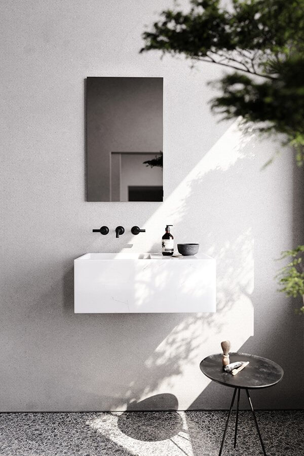 In praise of shadows house minimalistic bathroom design wash basin white - cgi visualizations