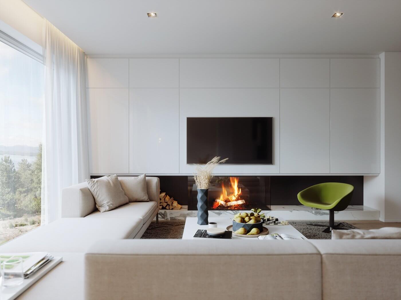 Interior 12 apartment living room fire place - cgi visualization