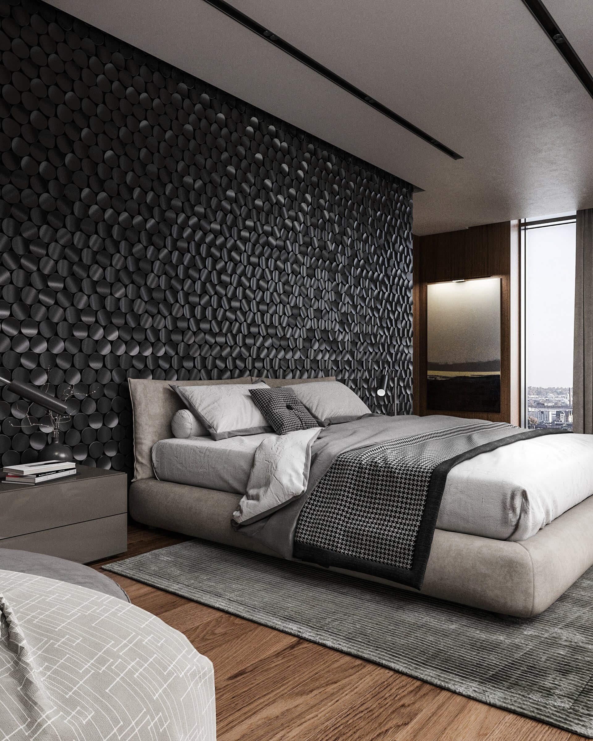 Interior Apartment project Pluses bedroom black wall pattern design - cgi visualization
