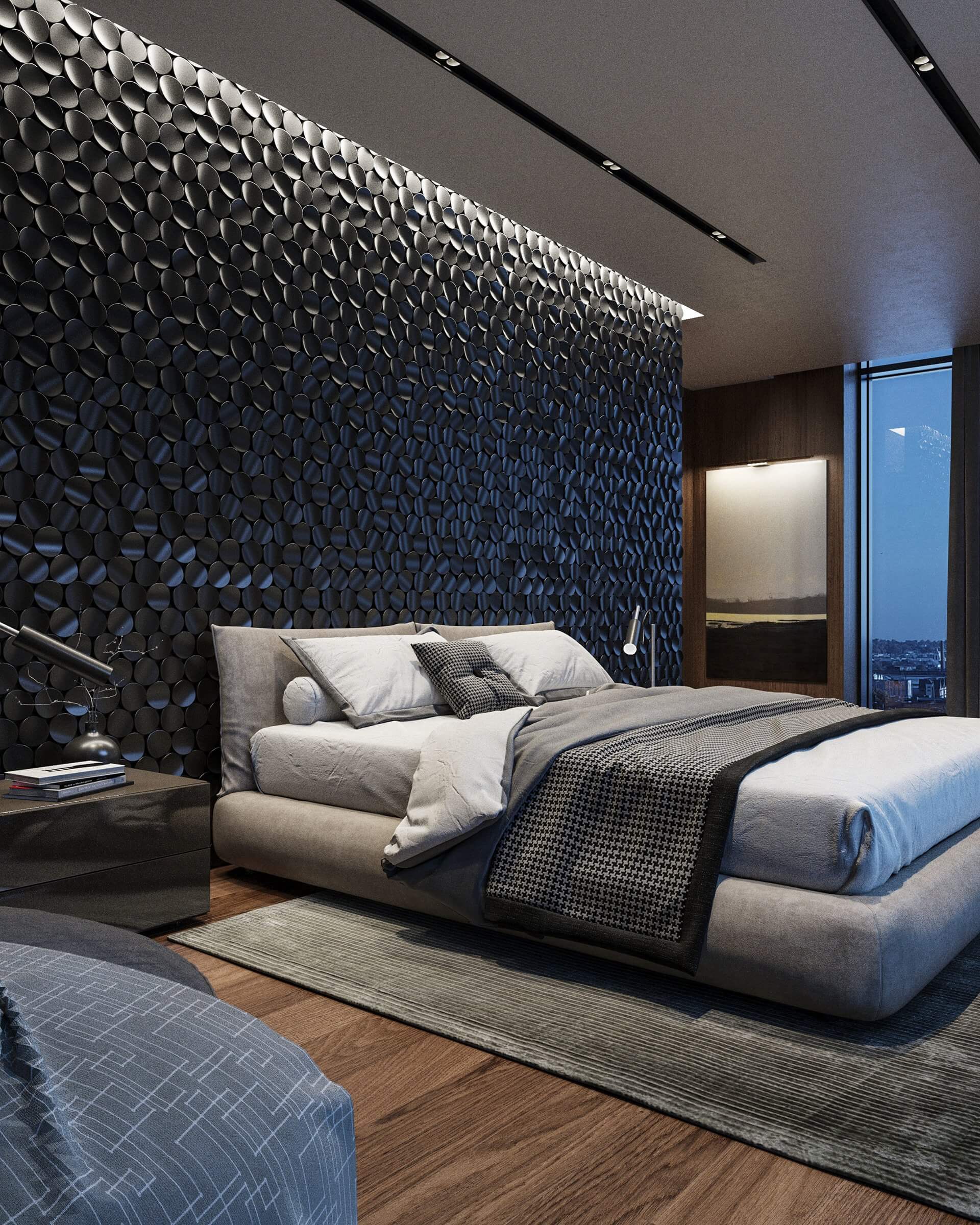 Interior Apartment project Pluses bedroom black wall pattern design lights - cgi visualization