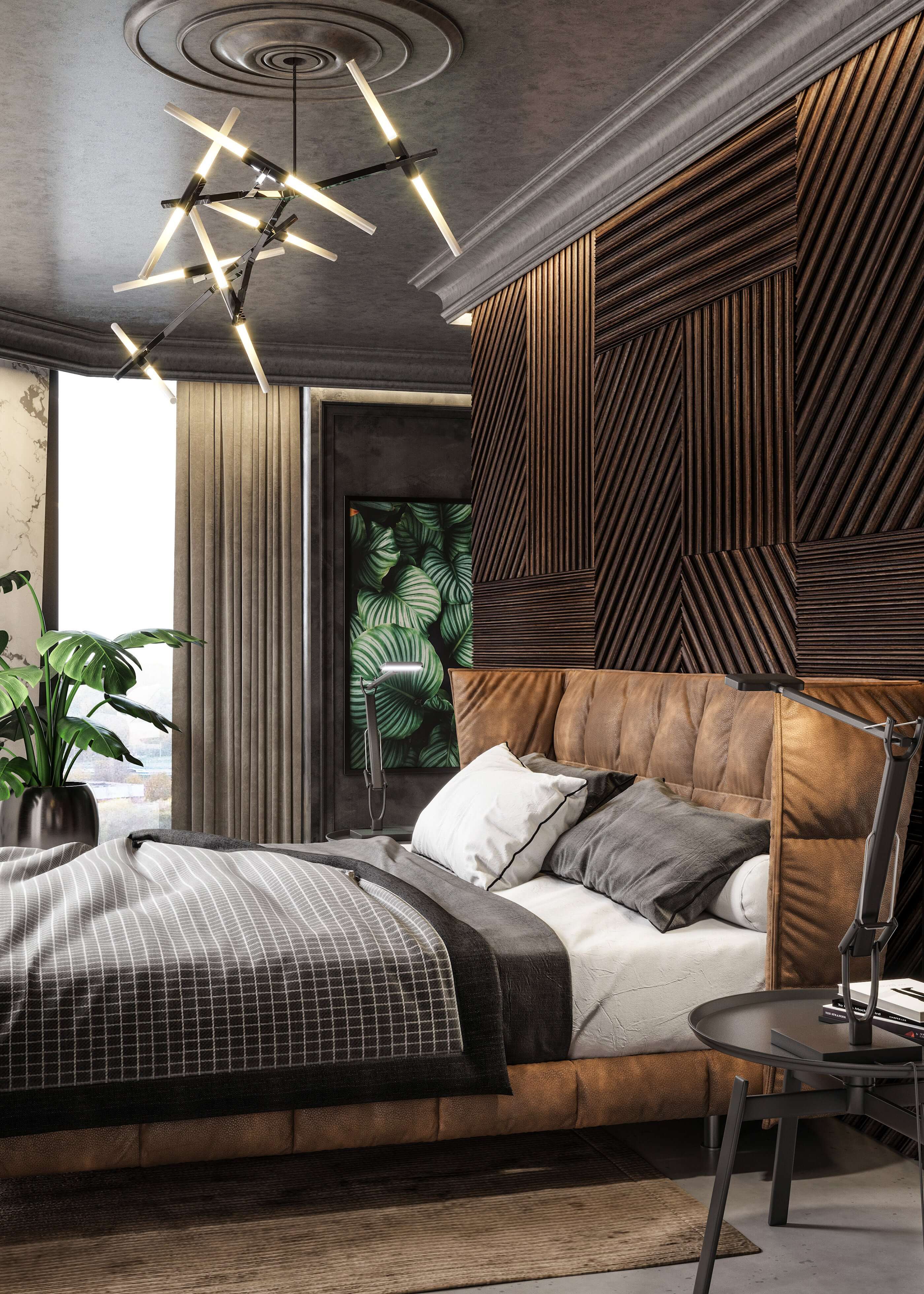 Interior Apartment project Pluses bedroom brown leather bed - cgi visualization