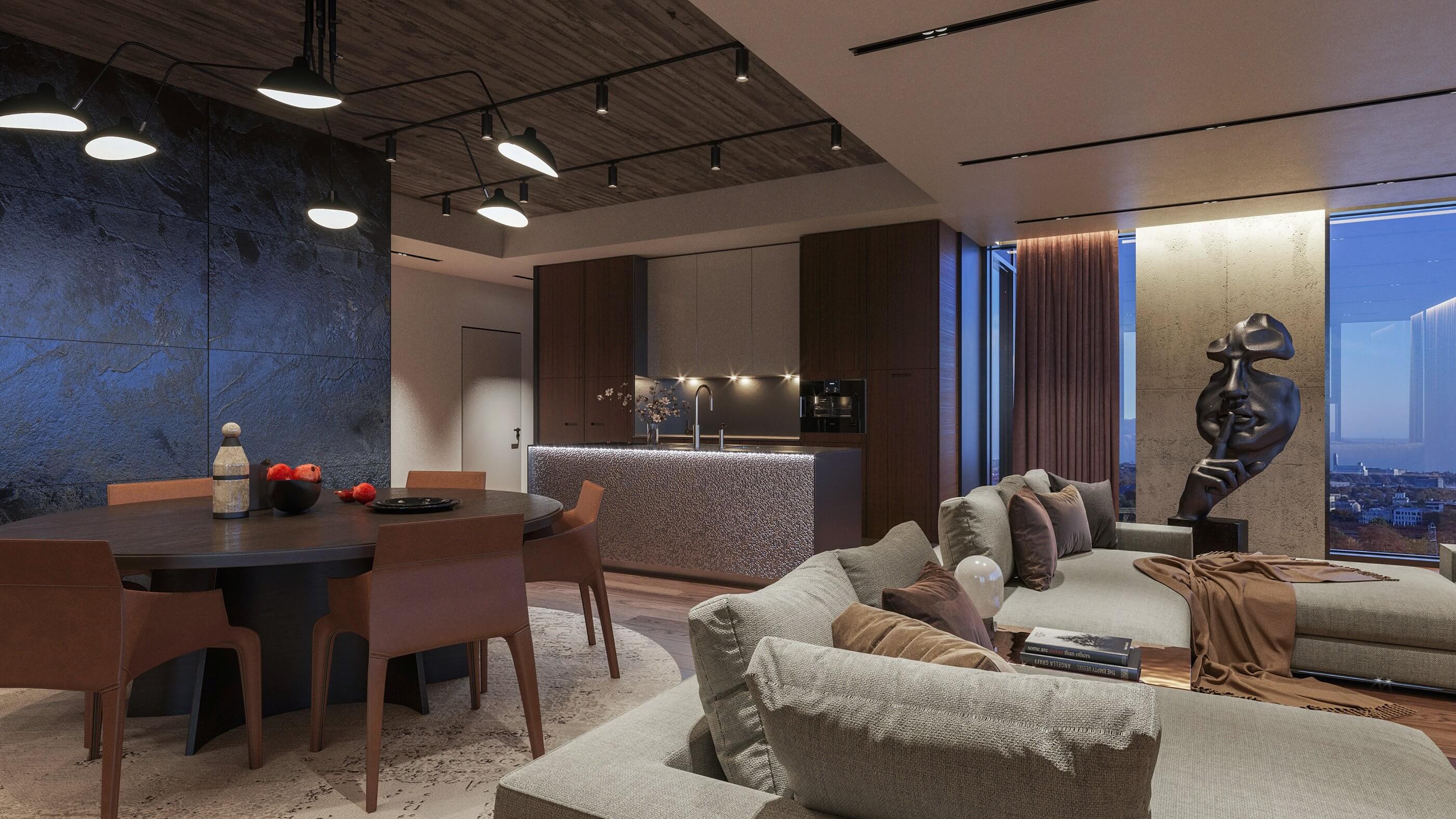 Interior Apartment project Pluses living room kitchen warm coloured lights - cgi visualization