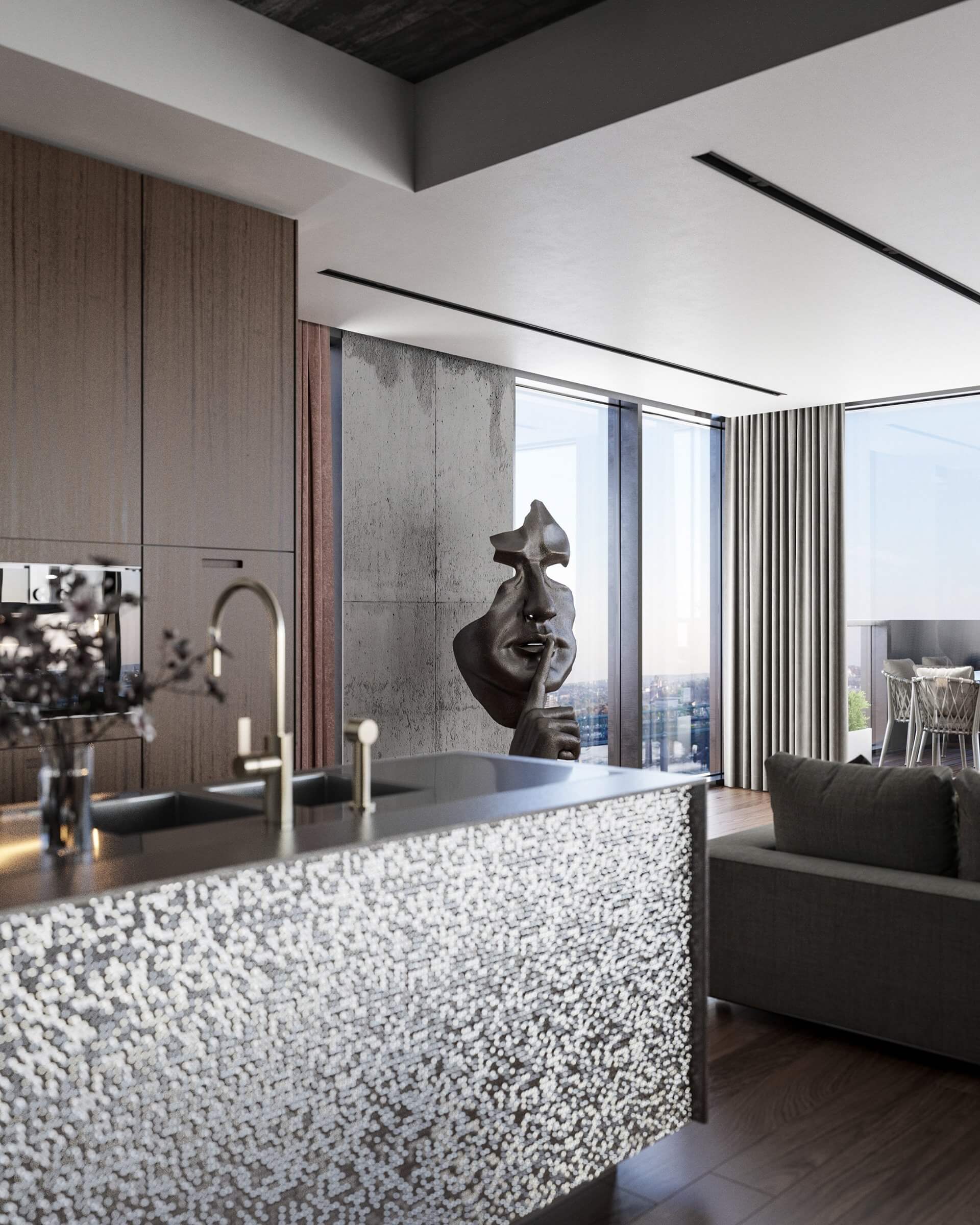 Interior Apartment project Pluses living room sculpture brass - cgi visualization