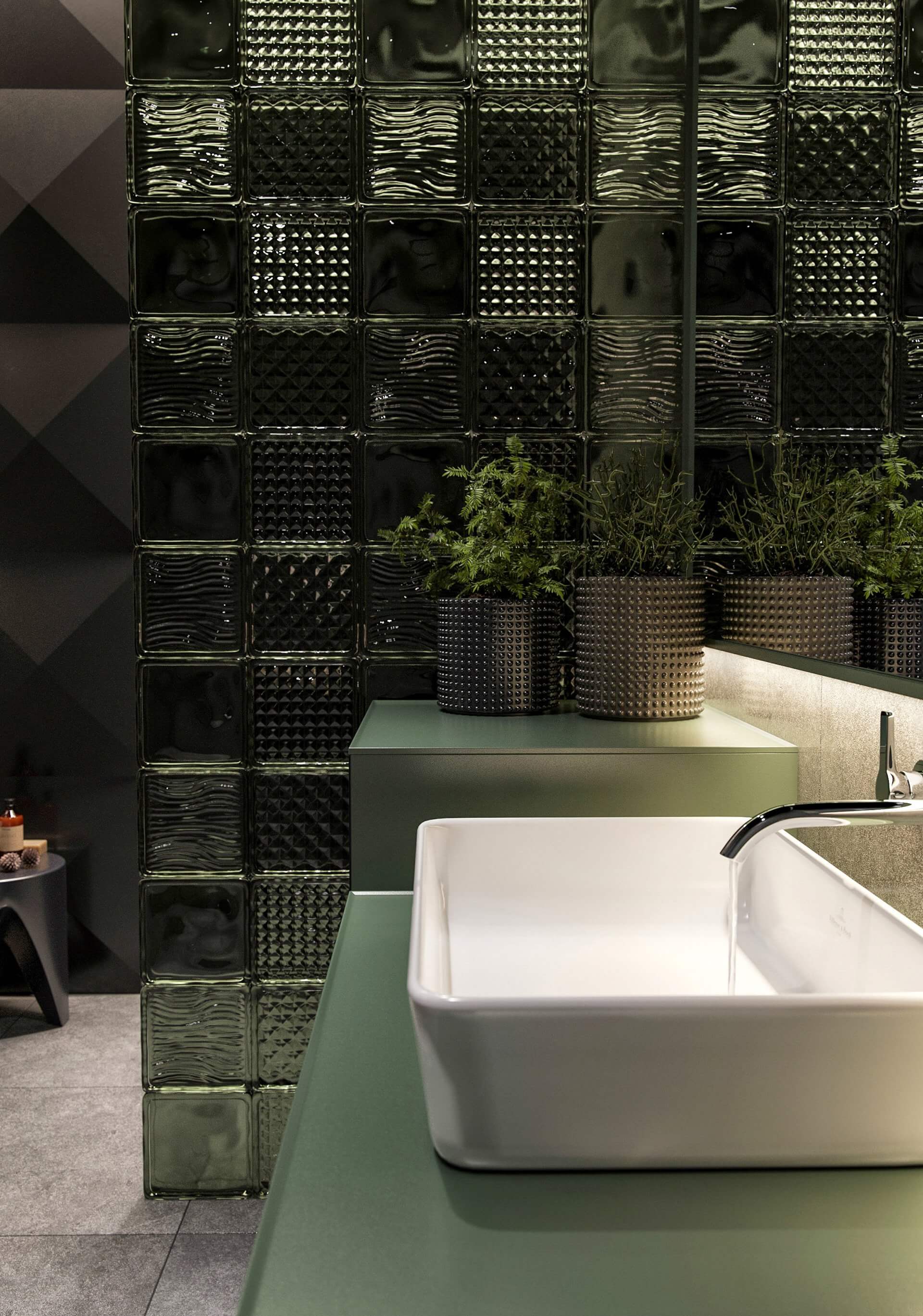 Jungle paradise apartment bathroom green glass wall - cgi visualization