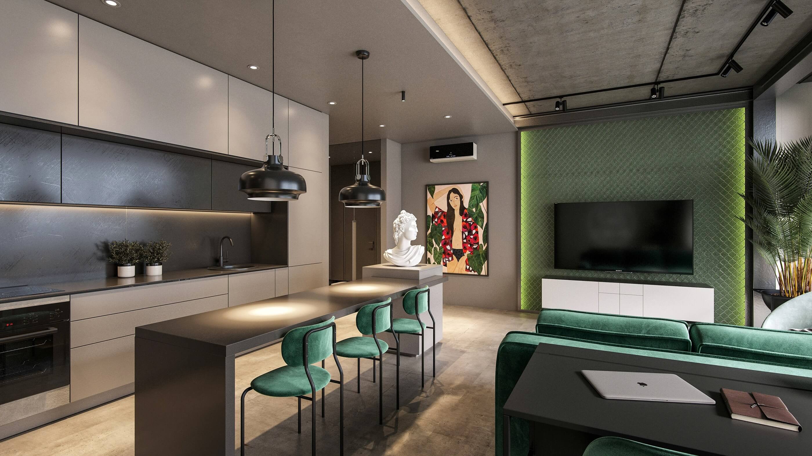 Jungle paradise apartment kitchen design block green couch - cgi visualization