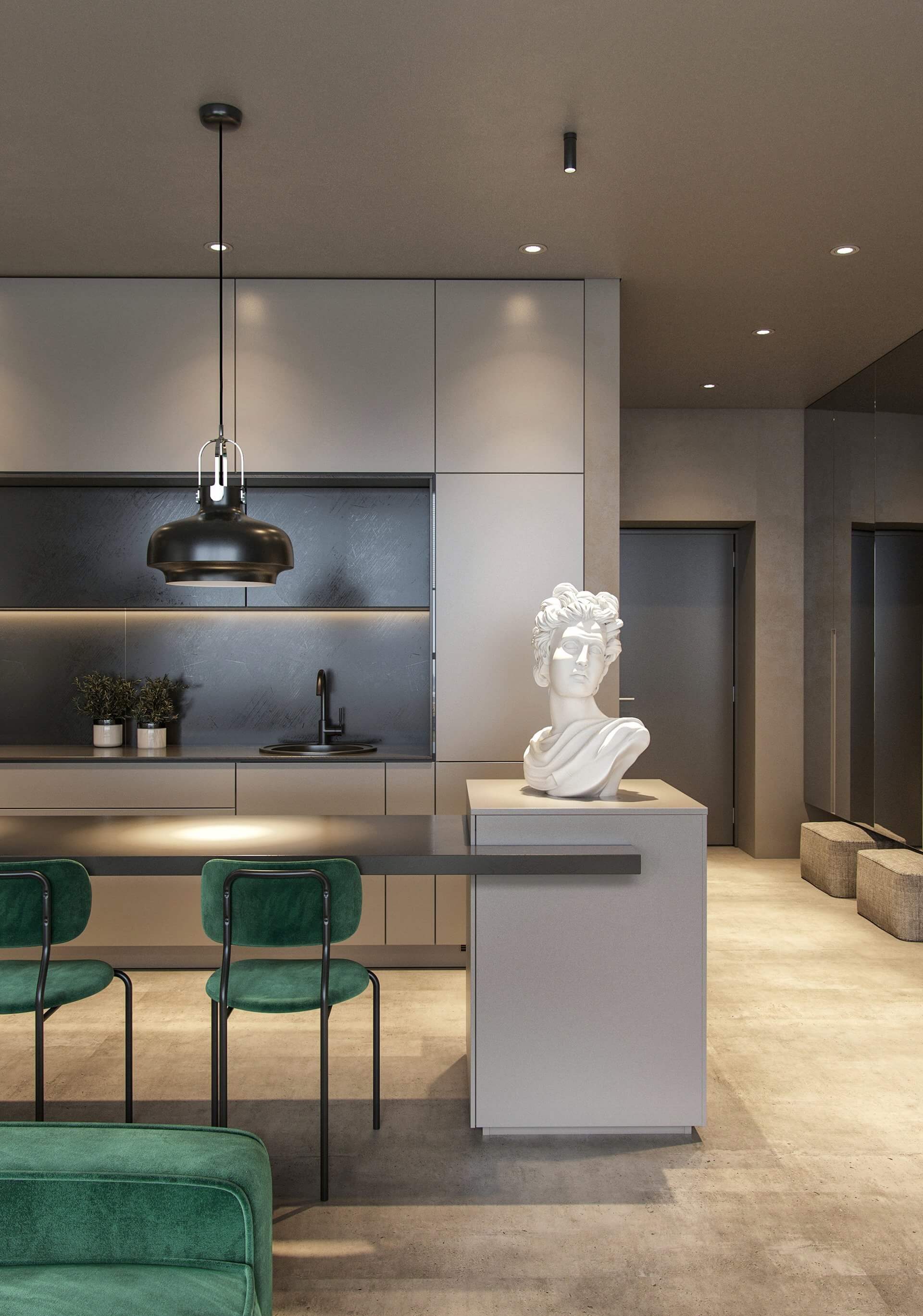 Jungle paradise apartment kitchen design block green stools - cgi visualization