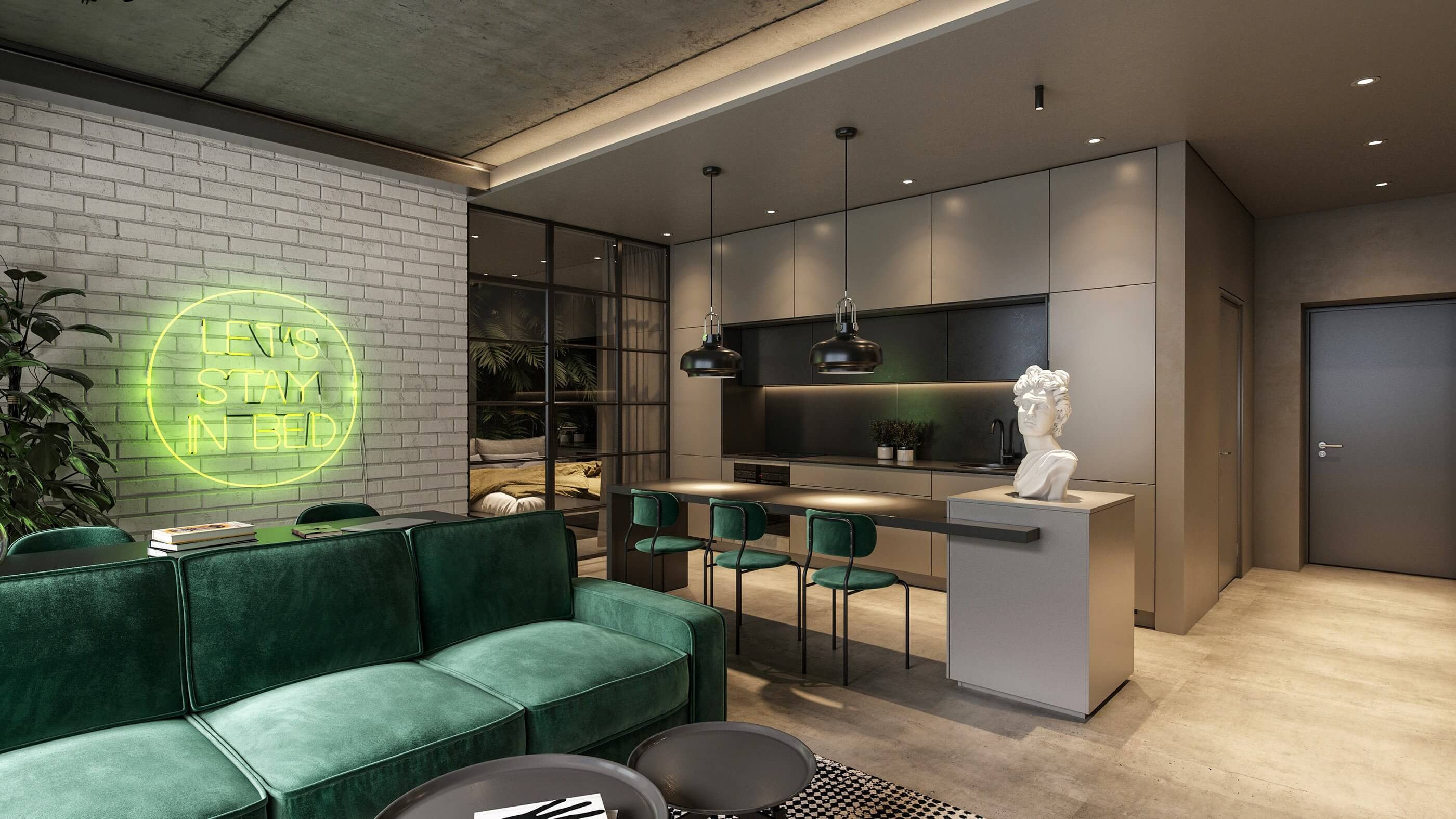 Jungle paradise apartment living room kitchen design block - cgi visualization
