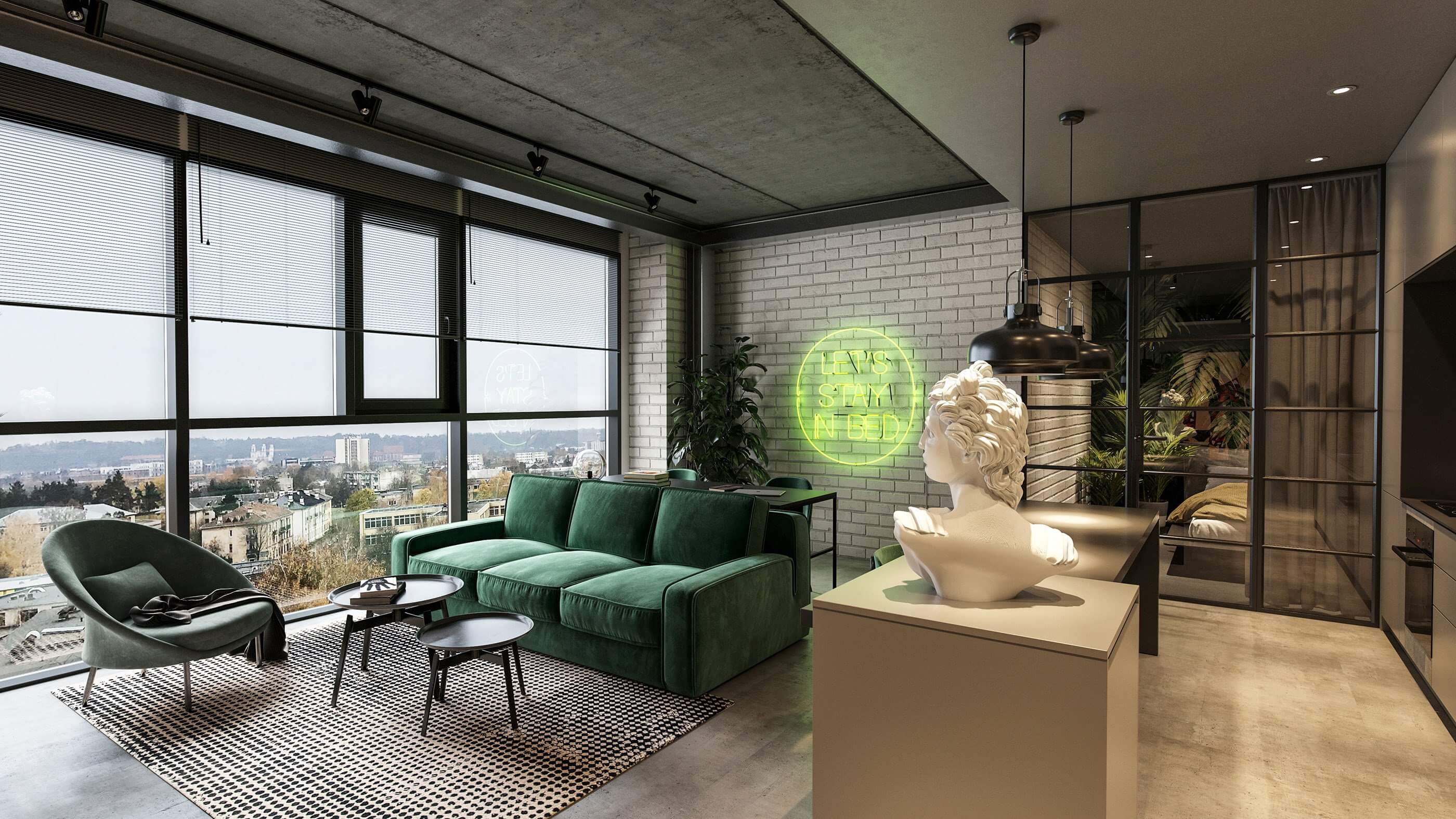 Jungle paradise apartment living room kitchen design - cgi visualization