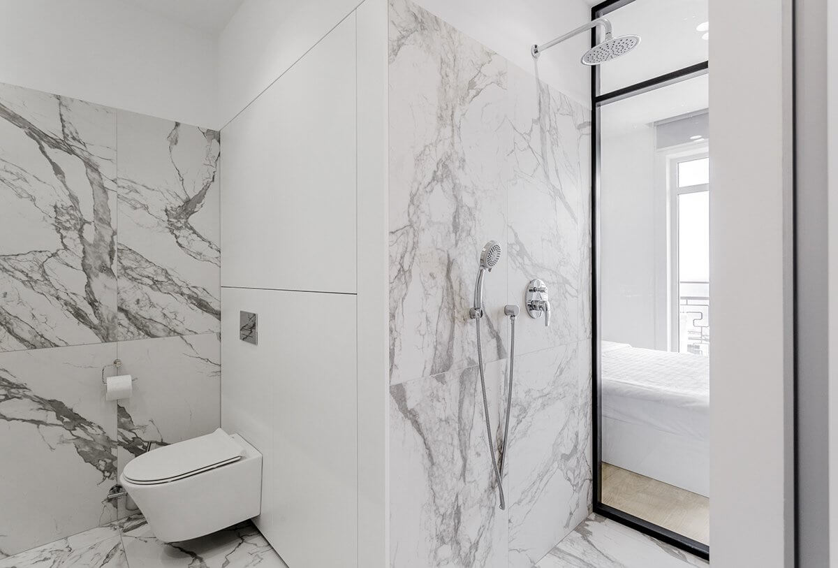 Modern Apartment 69 design marble white bathroom shower - cgi visualization