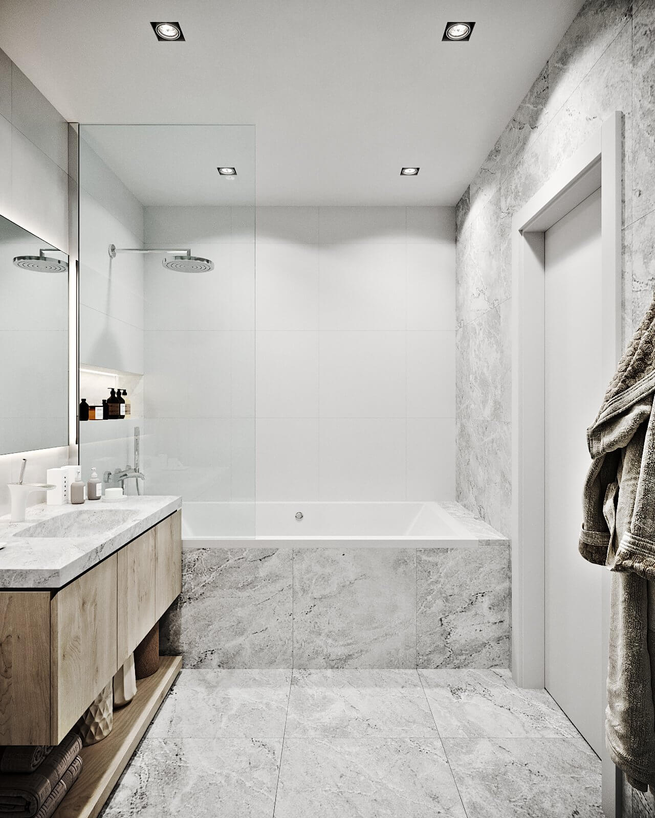 Modern Tenderness Flat bathroom stone wall and floor bathtub - cgi visualization