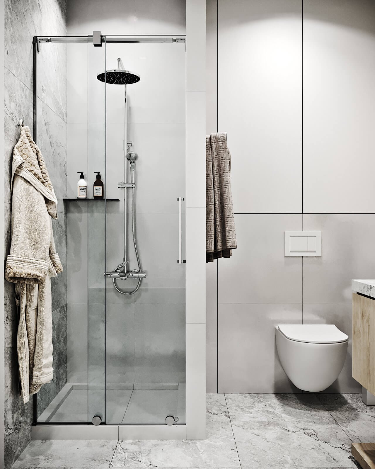 Modern Tenderness Flat bathroom stone wall and floor shower wc - cgi visualization