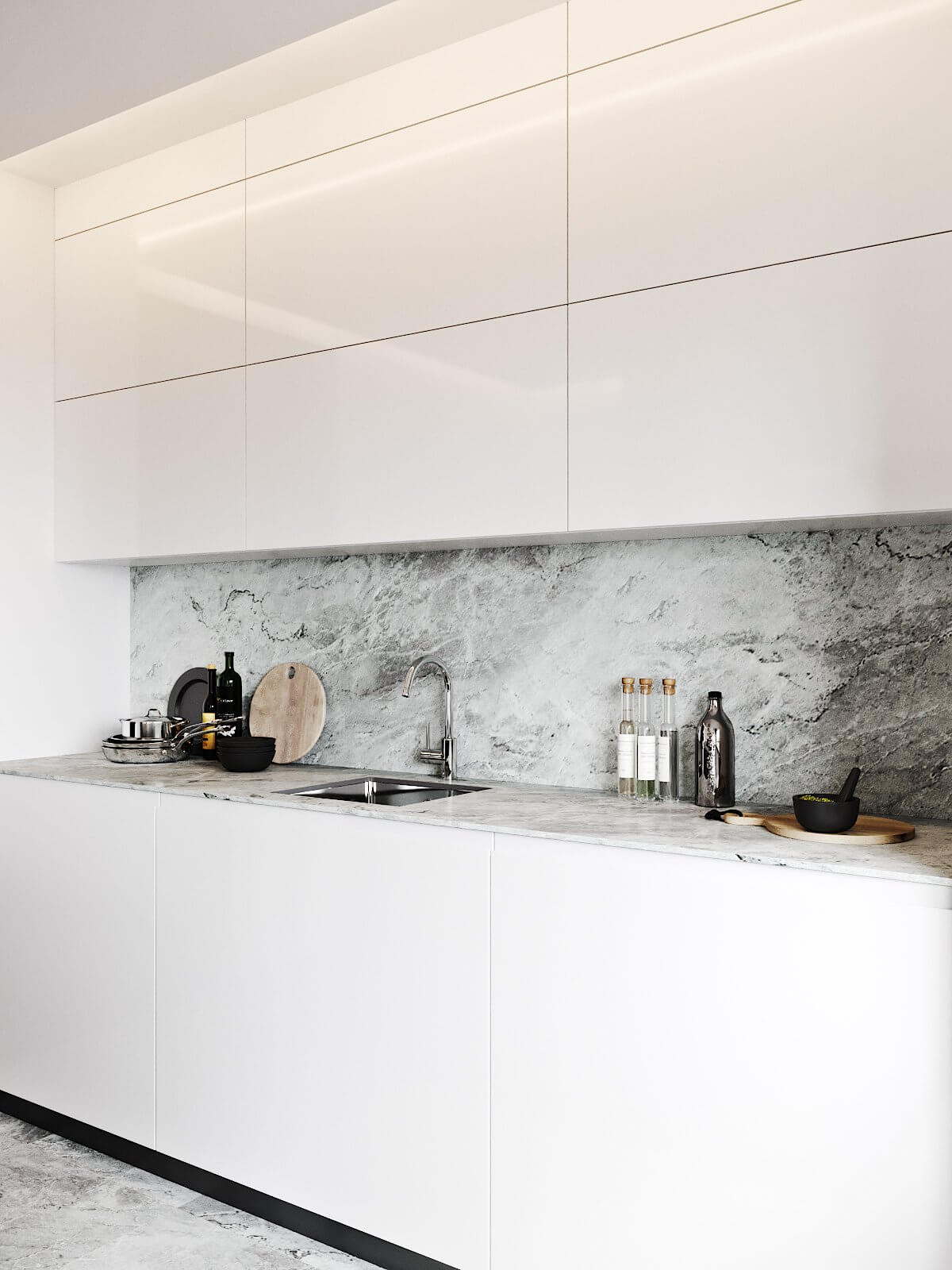 Modern Tenderness Flat modern kitchen design marble top and back splash - cgi visualization