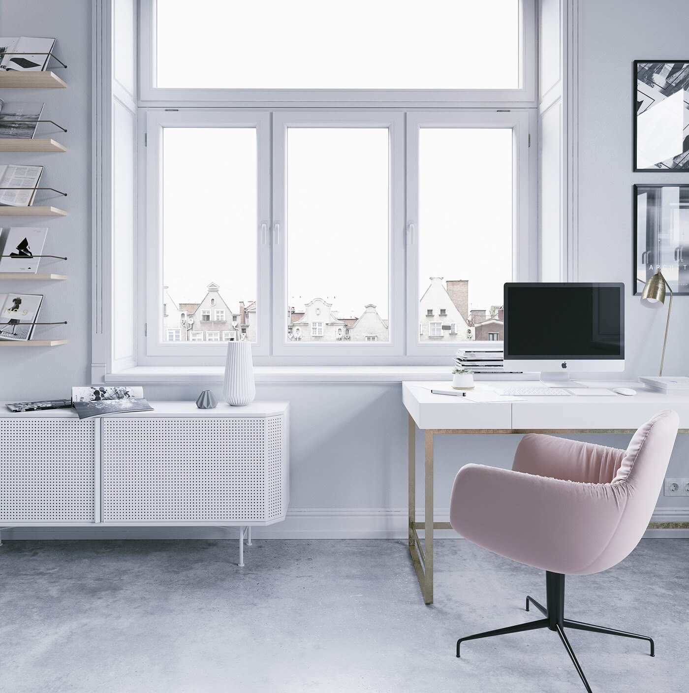 Modern designer workspace designer desk office - cgi visualization