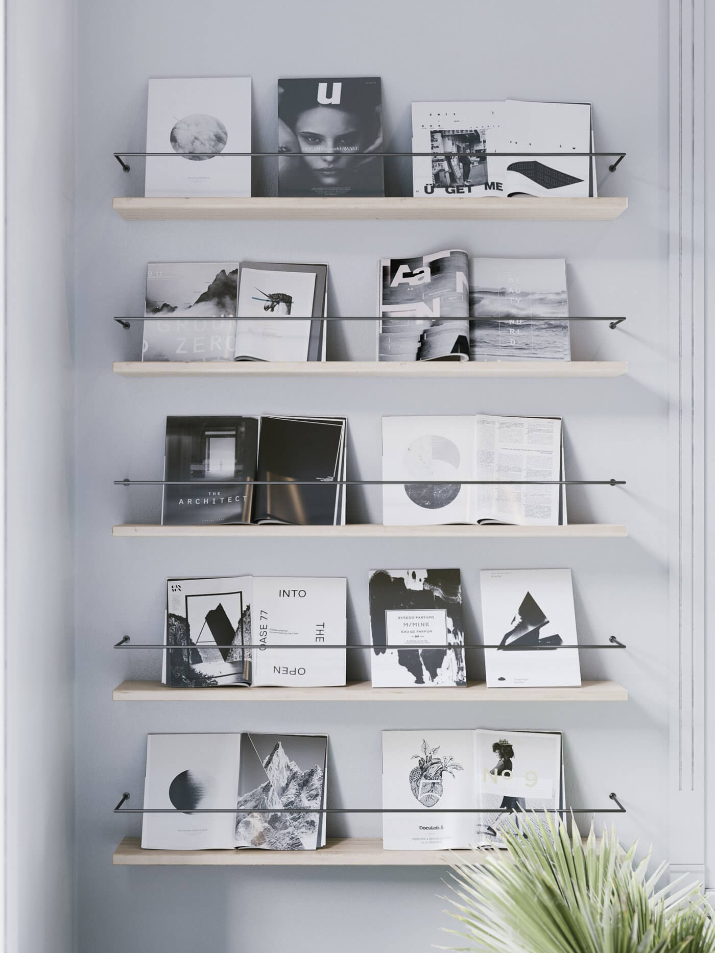 Modern designer workspace wall shelf brochures - cgi visualization